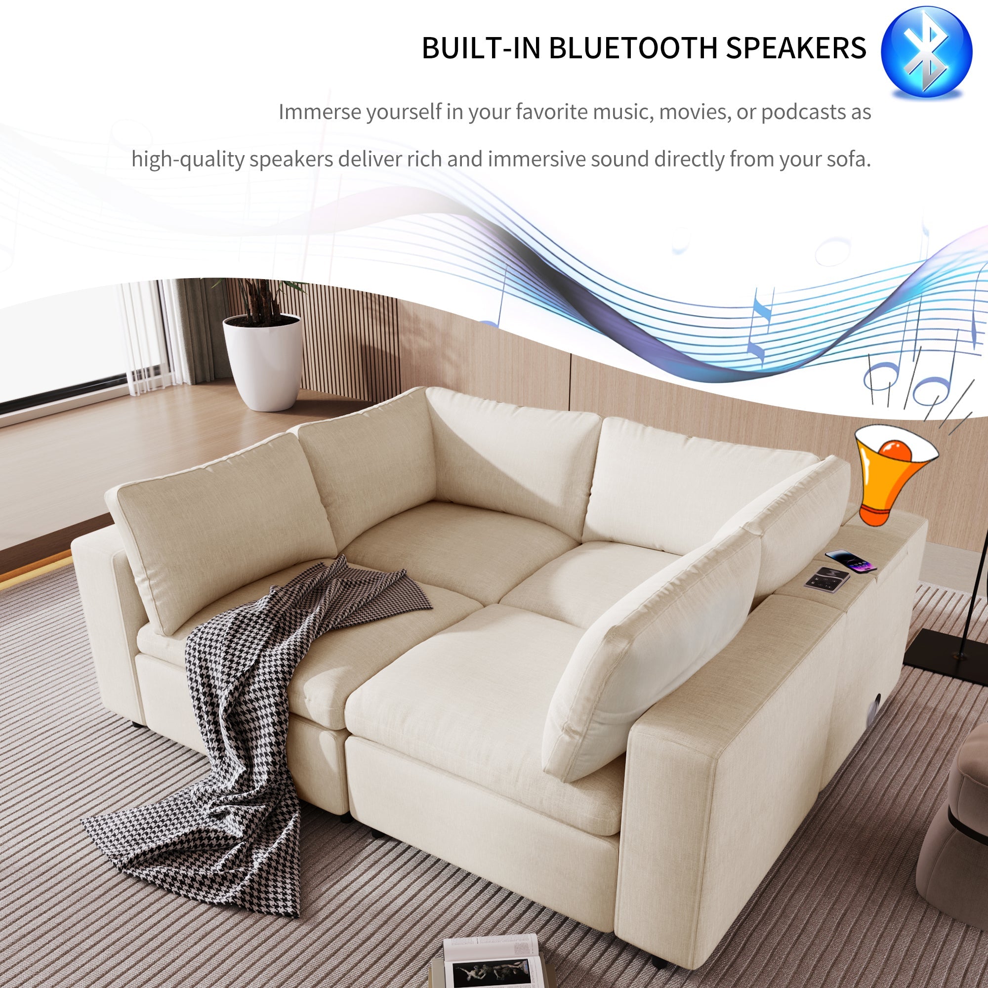 Upholstered Modular Sofa With  With Storage Space, USB Charge Ports,Wireless Charging and Built-In Bluetooth Speaker in