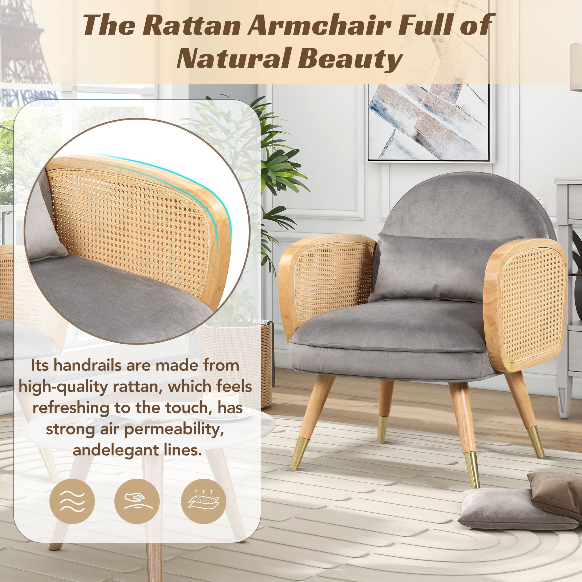 Amchair With Rattan Armrest and Metal Legs Upholstered Mid Century Modern Chairs for Living Room or Reading Room, Grey