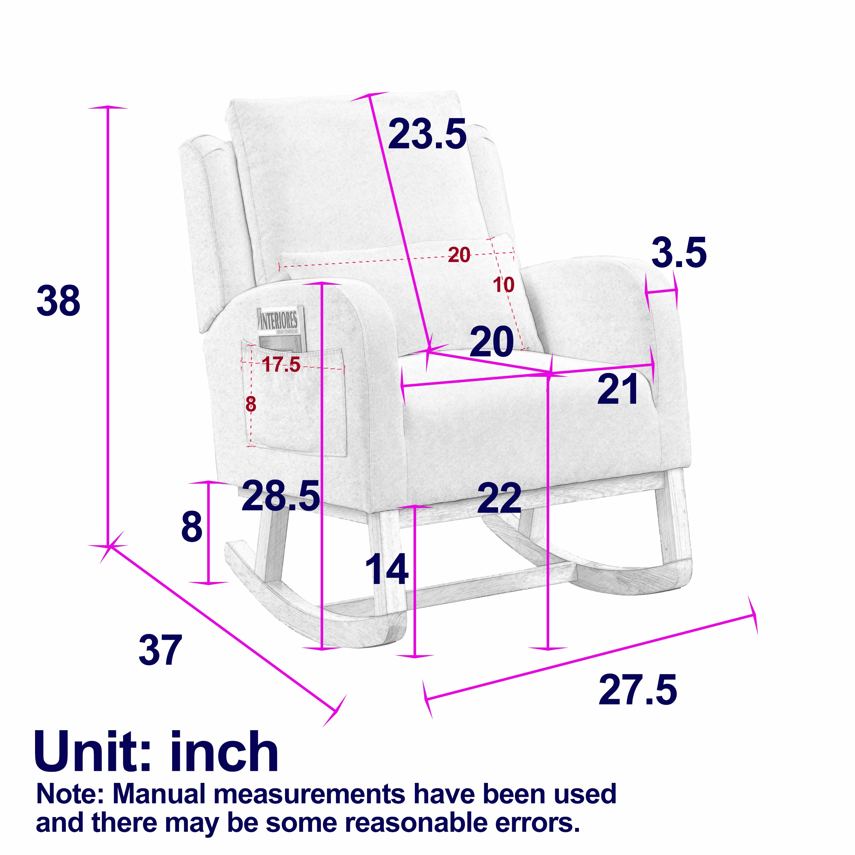 27.5 " Modern Accent High Back Living Room Casual Armchair Rocker With One Lumbar Pillow, Two Side Pockets.