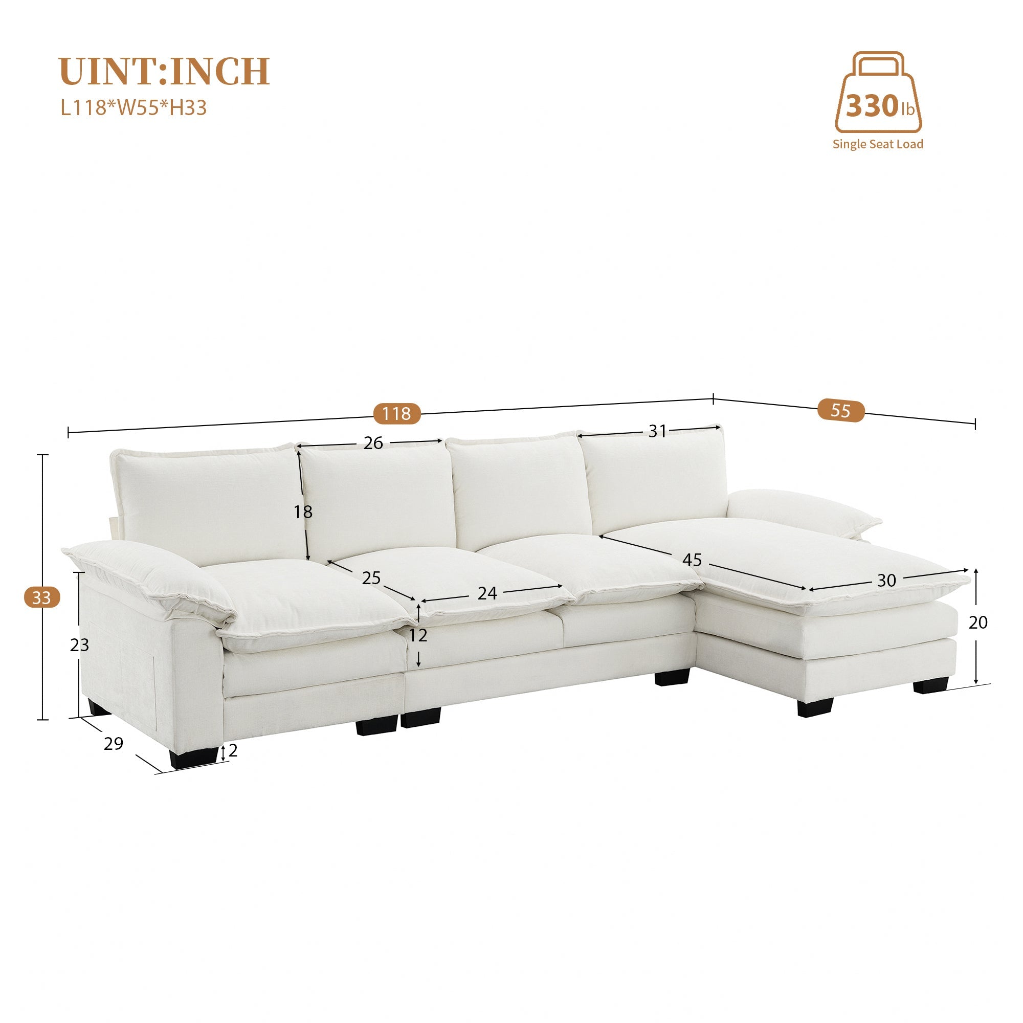 118*55" Modern L-Shaped Chenille Cloud Sofa With Double Seat Cushions,5-Seat Upholstered Indoor Furniture,Sleeper Sofa C