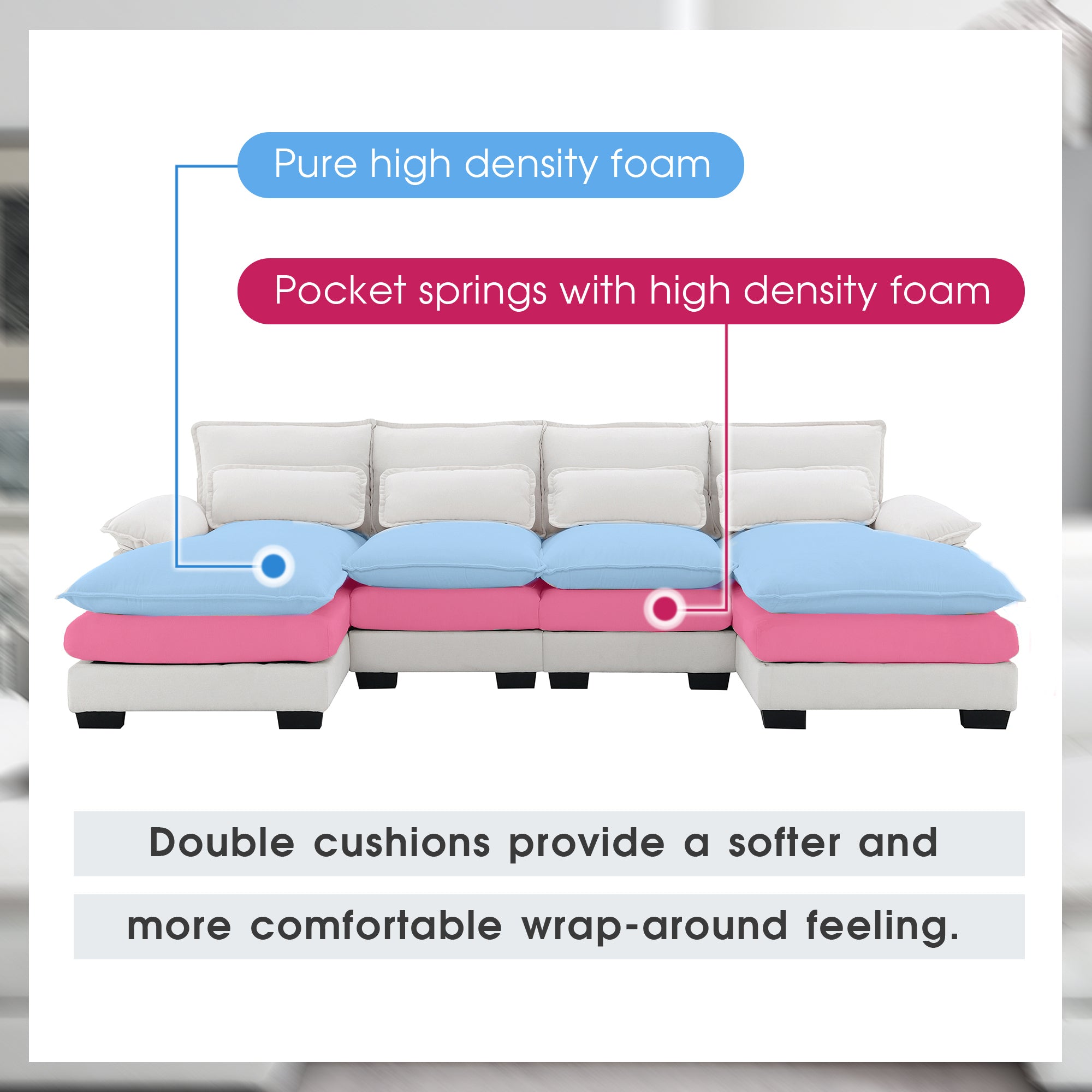 109.8*55.9" Modern U-Shaped Sectional Sofa With Waist Pillows,6-Seat Upholstered Symmetrical Sofa Furniture,Sleeper Sofa