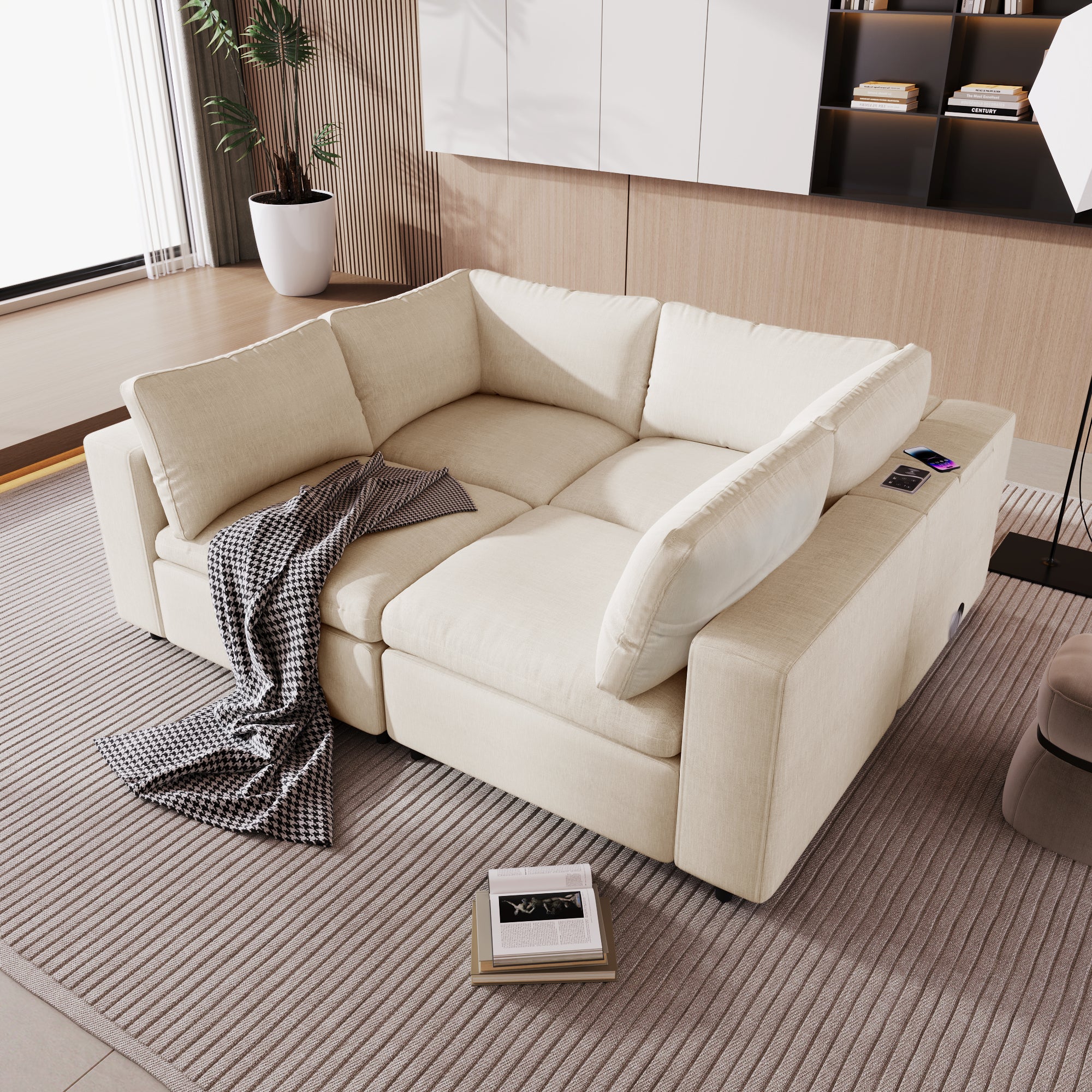 Upholstered Modular Sofa With  With Storage Space, USB Charge Ports,Wireless Charging and Built-In Bluetooth Speaker in