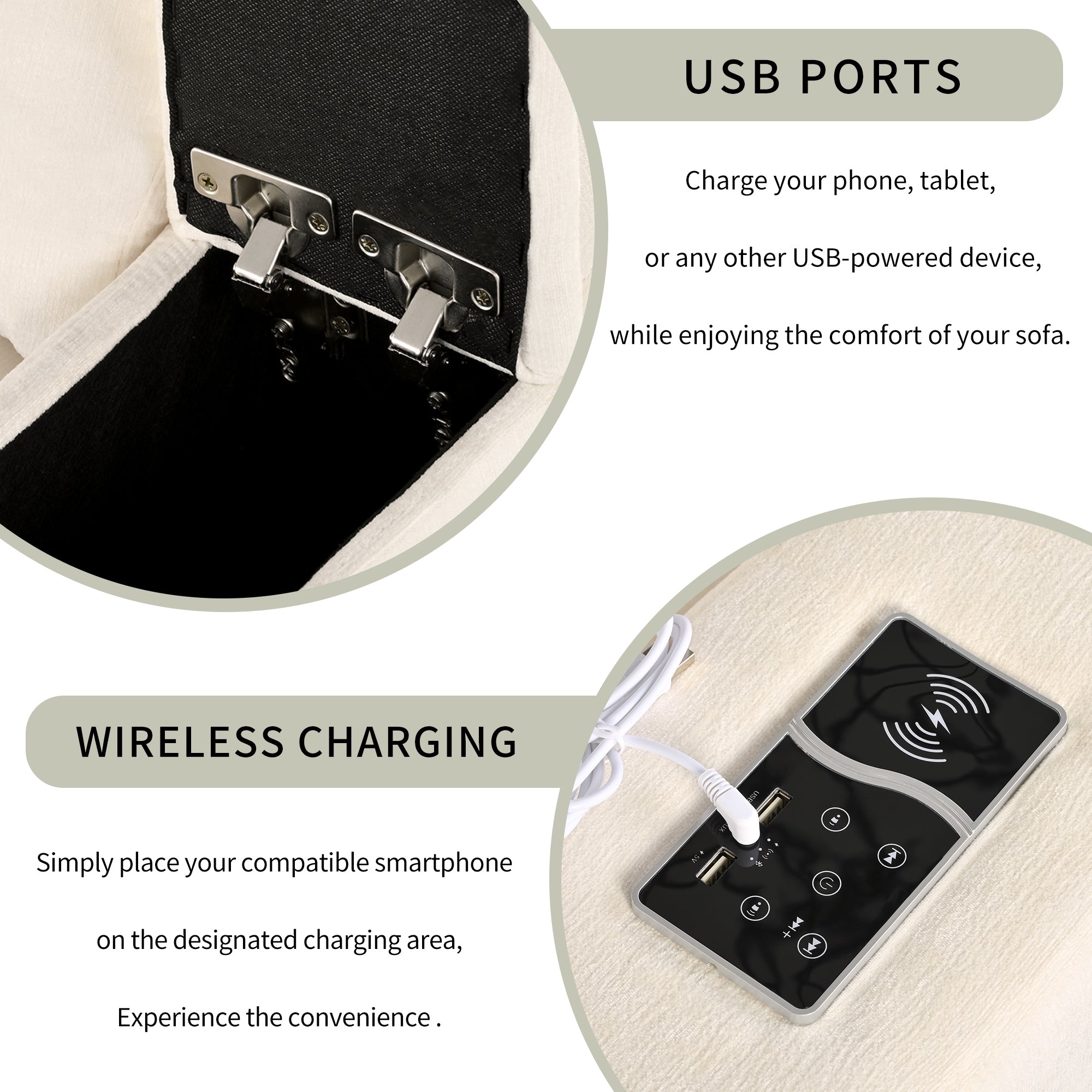 Upholstered Modular Sofa With  With Storage Space, USB Charge Ports,Wireless Charging and Built-In Bluetooth Speaker in