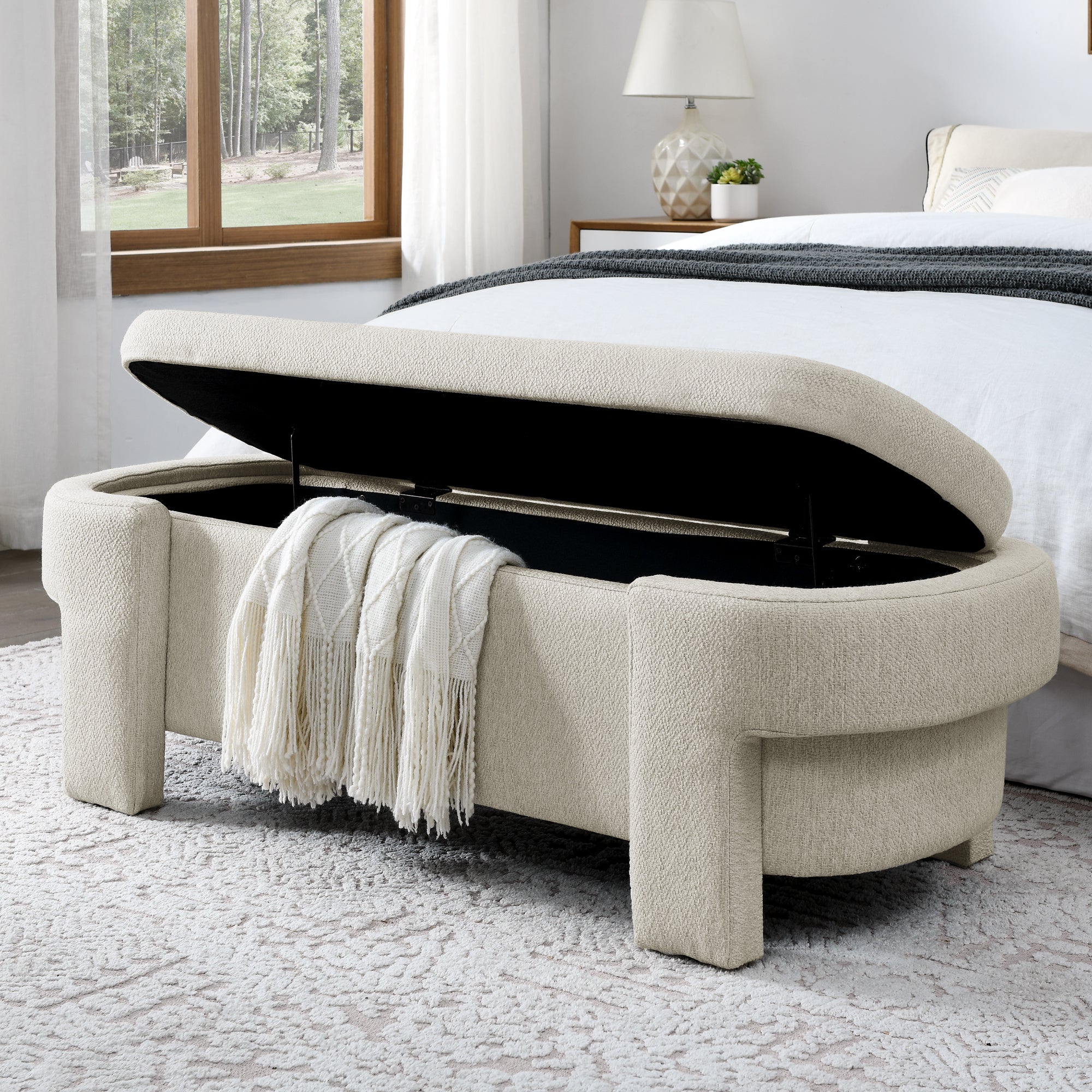 Linen Fabric Upholstered Bench With Large Storage Space