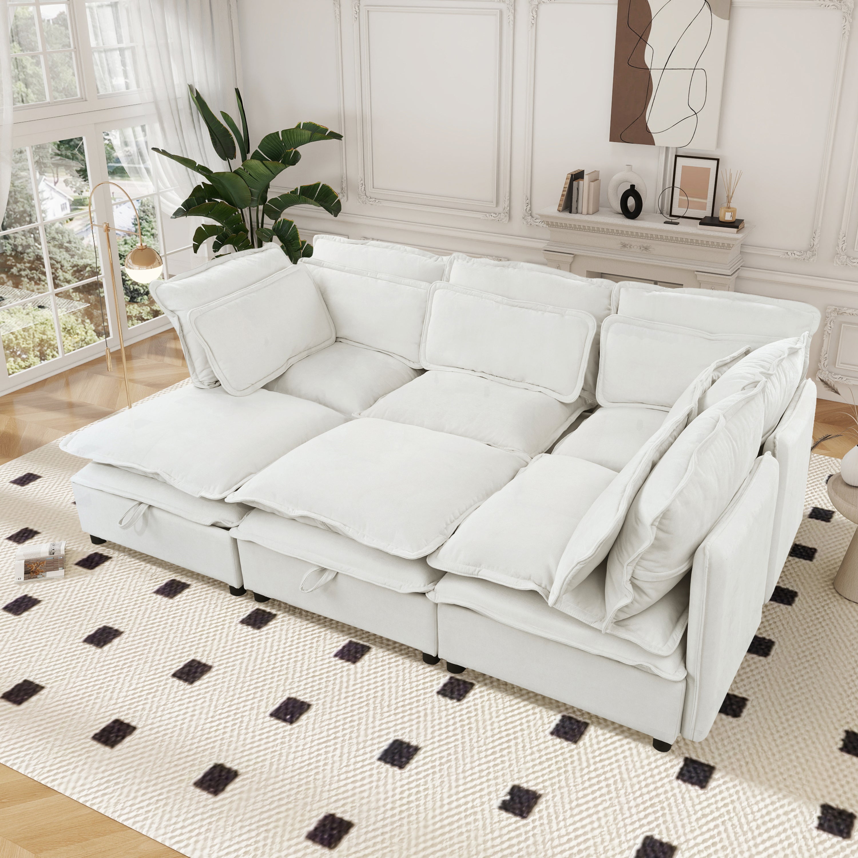 Double-Layer Cushion Modern Large U-Shaped Modular Sofa, Freely Combinable 6-Seater With Storage Function, Convertible T