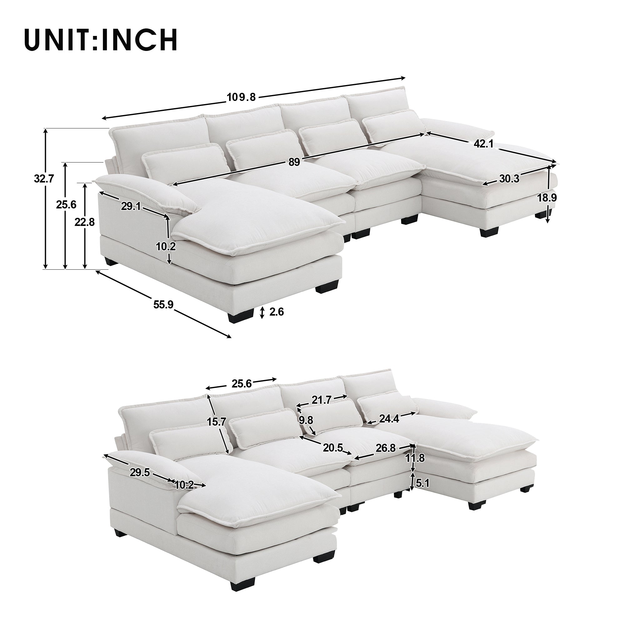 109.8*55.9" Modern U-Shaped Sectional Sofa With Waist Pillows,6-Seat Upholstered Symmetrical Sofa Furniture,Sleeper Sofa