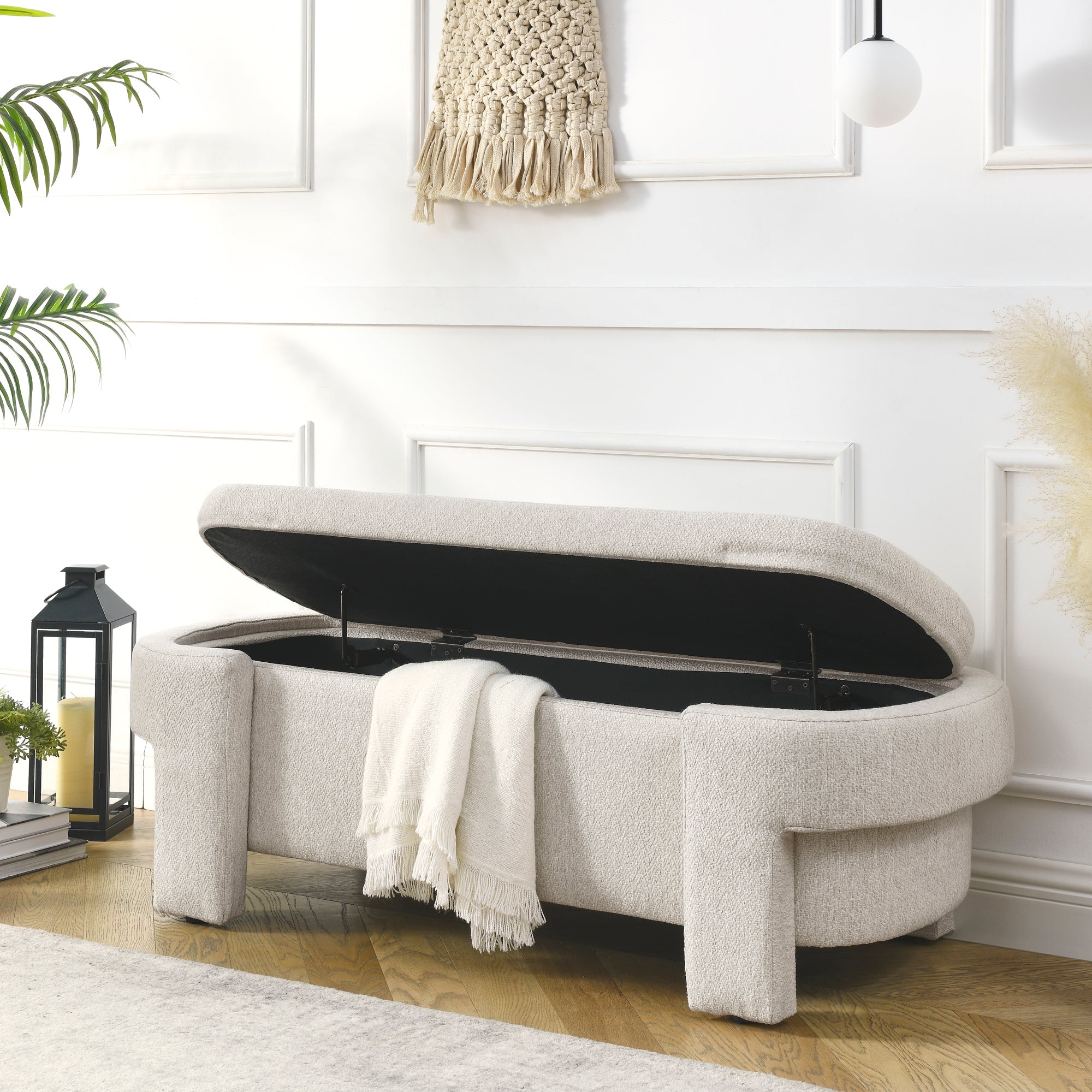 Linen Fabric Upholstered Bench With Large Storage Space