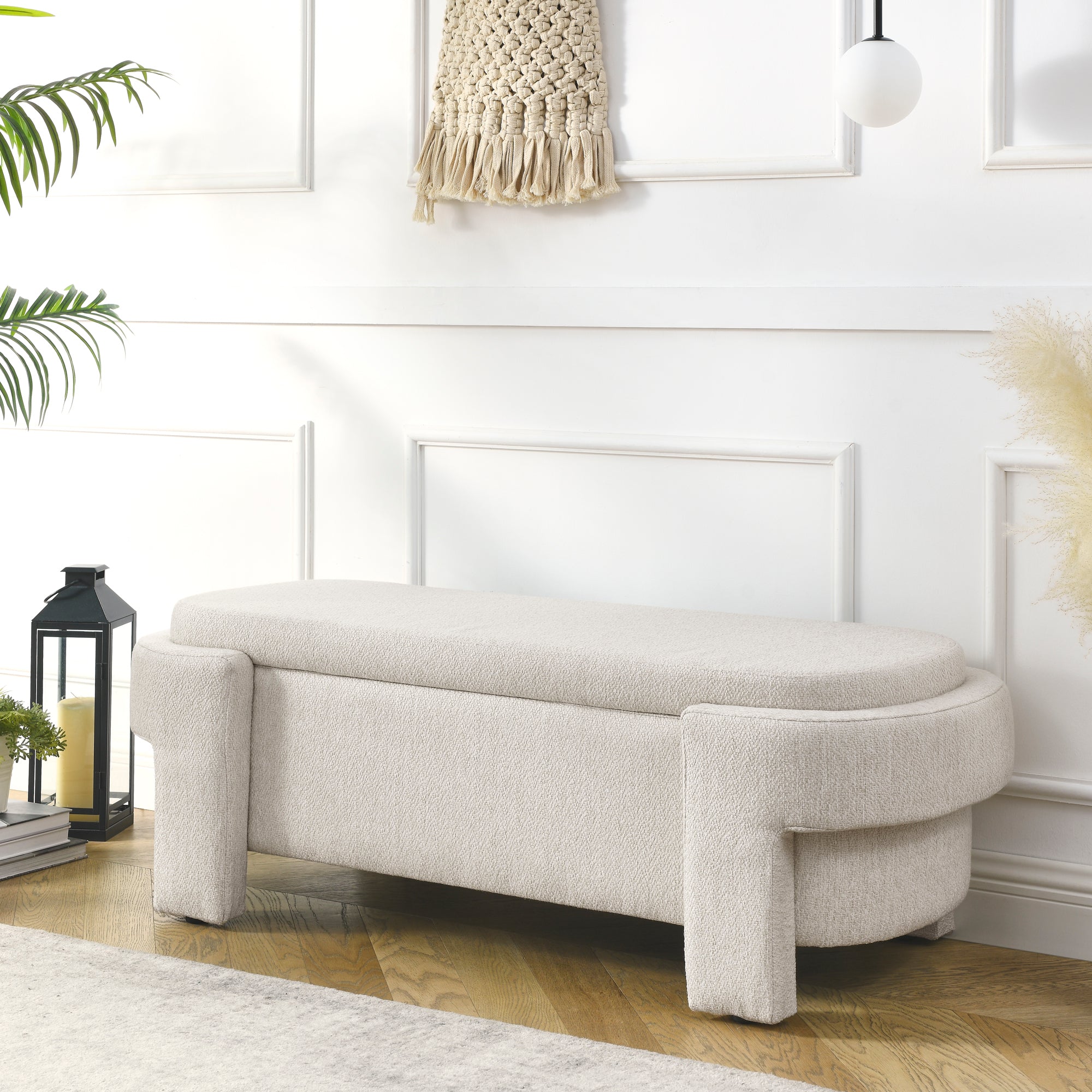 Linen Fabric Upholstered Bench With Large Storage Space