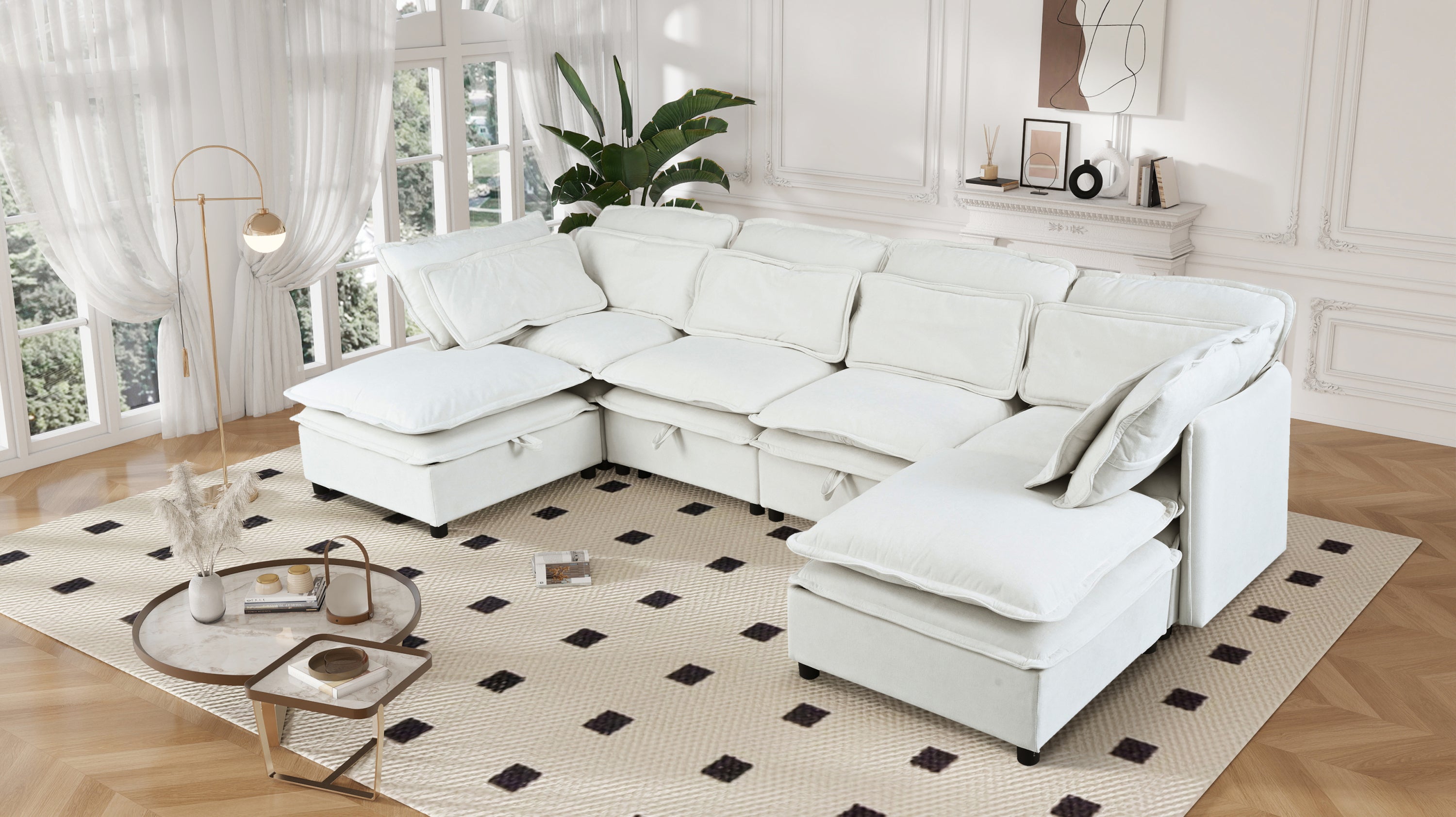 Double-Layer Cushion Modern Large U-Shaped Modular Sofa, Freely Combinable 6-Seater With Storage Function, Convertible T