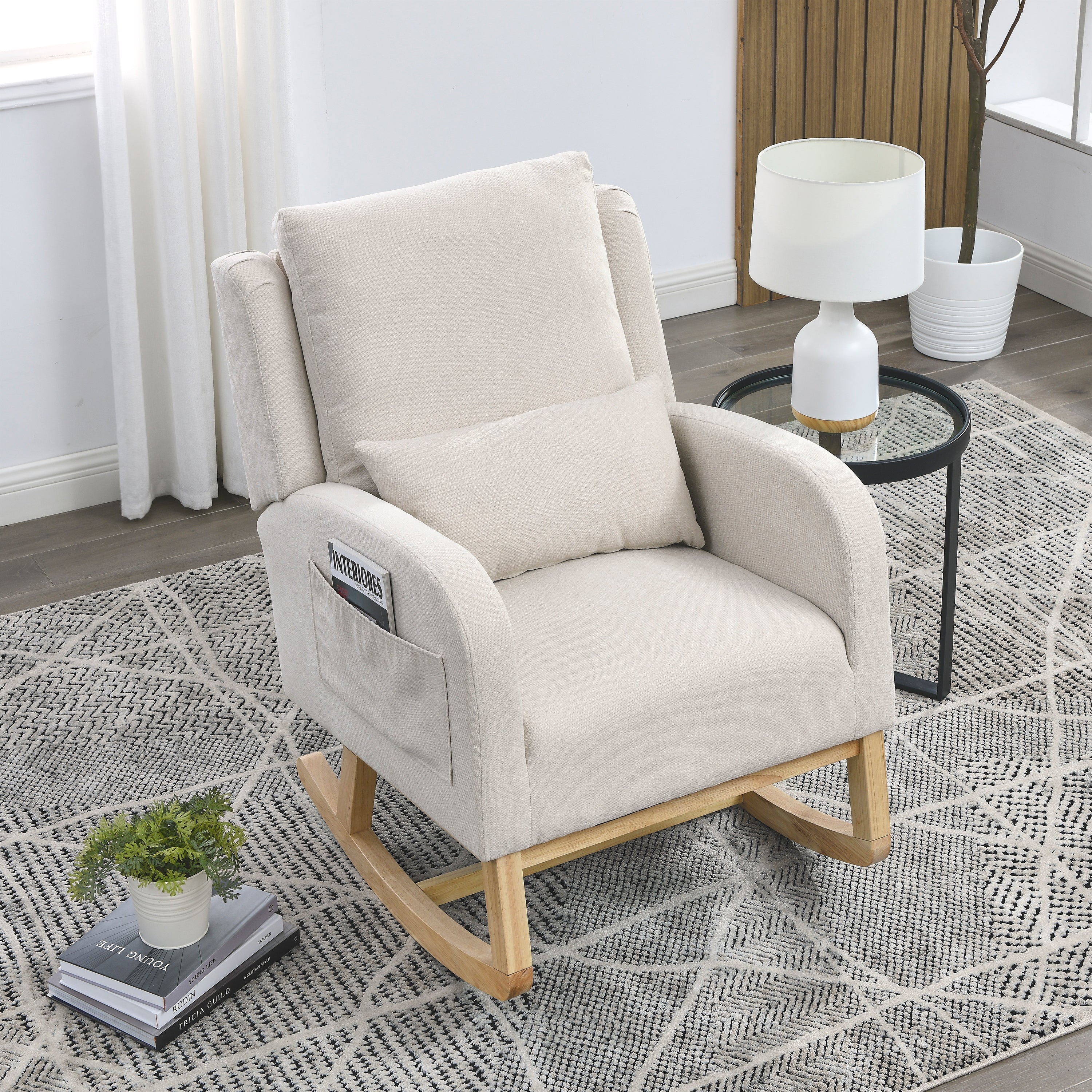 27.5 " Modern Accent High Back Living Room Casual Armchair Rocker With One Lumbar Pillow, Two Side Pockets.