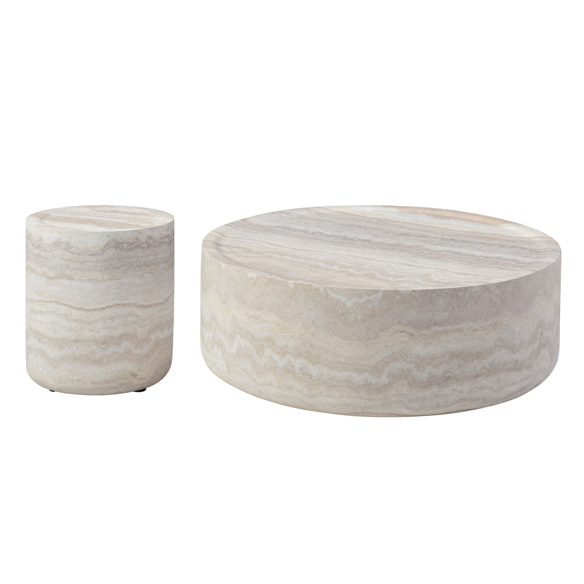 Set of 2 Faux MARS Pattern Coffee Tables Side Table Round Tea Faux Travertine Textured  Table for Living Room, No Need A