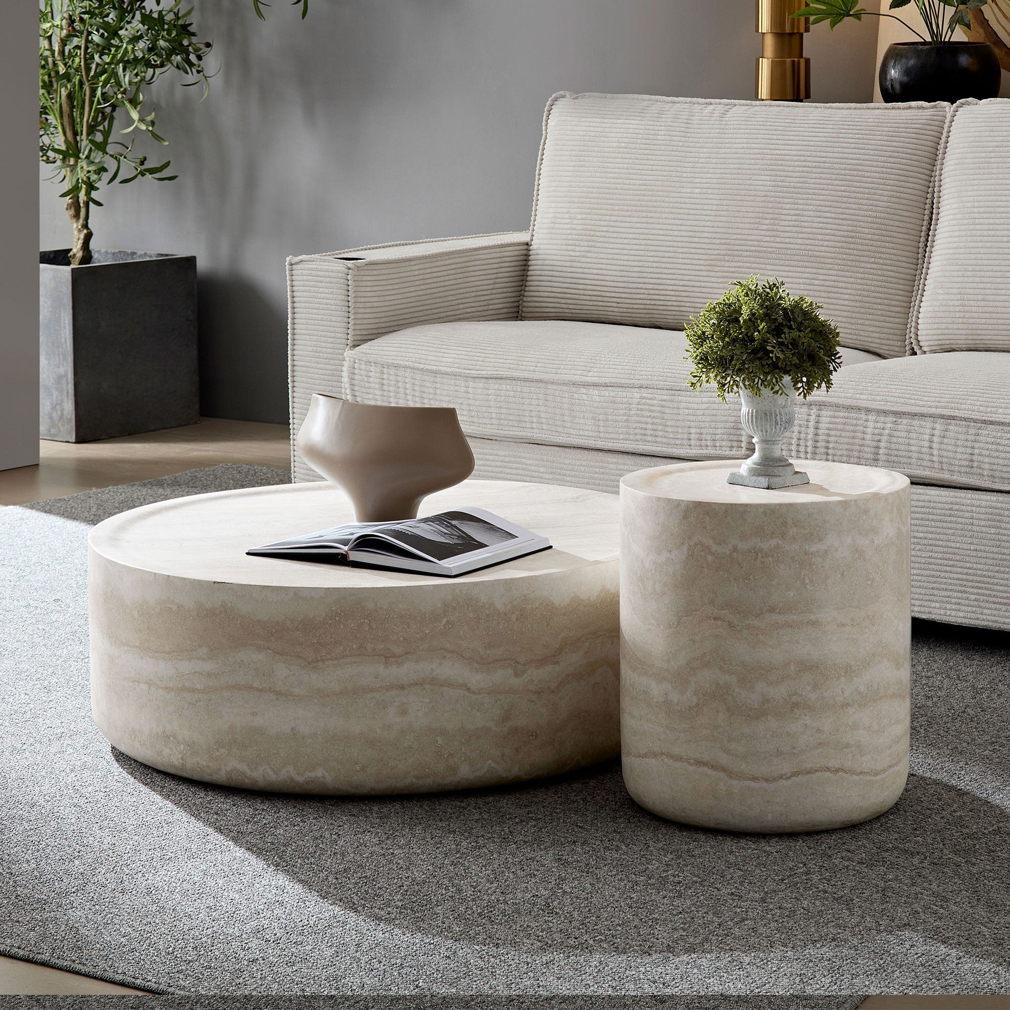 Set of 2 Faux MARS Pattern Coffee Tables Side Table Round Tea Faux Travertine Textured  Table for Living Room, No Need A