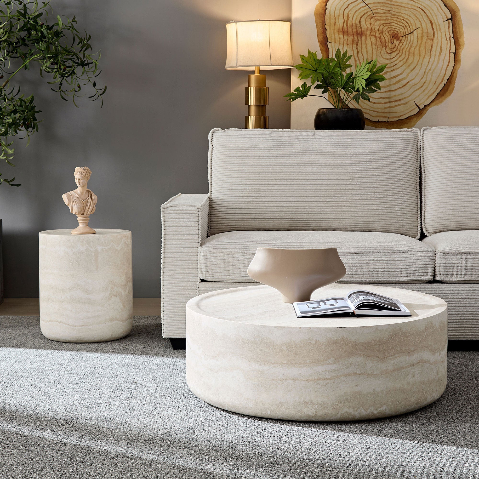 Set of 2 Faux MARS Pattern Coffee Tables Side Table Round Tea Faux Travertine Textured  Table for Living Room, No Need A