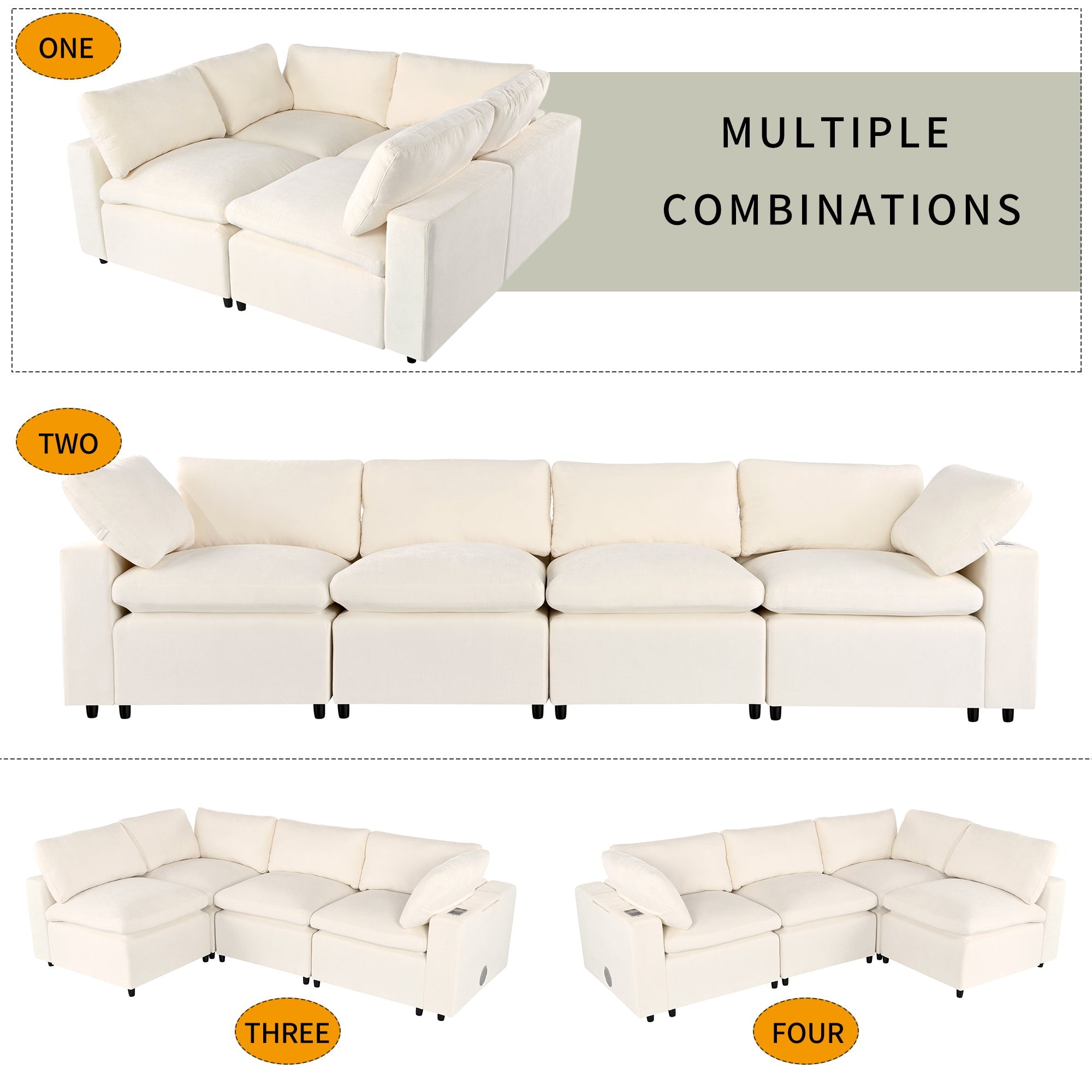 Upholstered Modular Sofa With  With Storage Space, USB Charge Ports,Wireless Charging and Built-In Bluetooth Speaker in