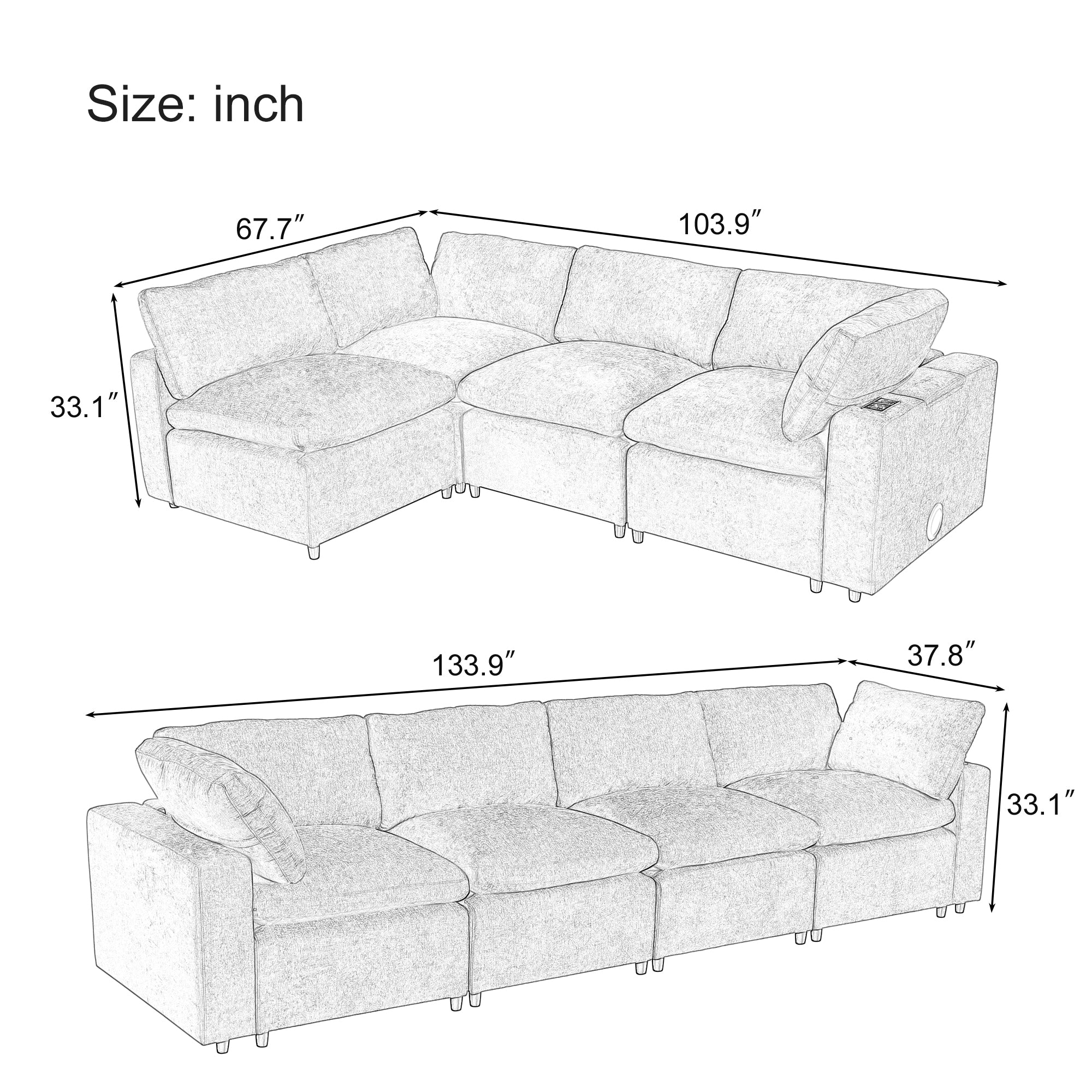 Upholstered Modular Sofa With  With Storage Space, USB Charge Ports,Wireless Charging and Built-In Bluetooth Speaker in