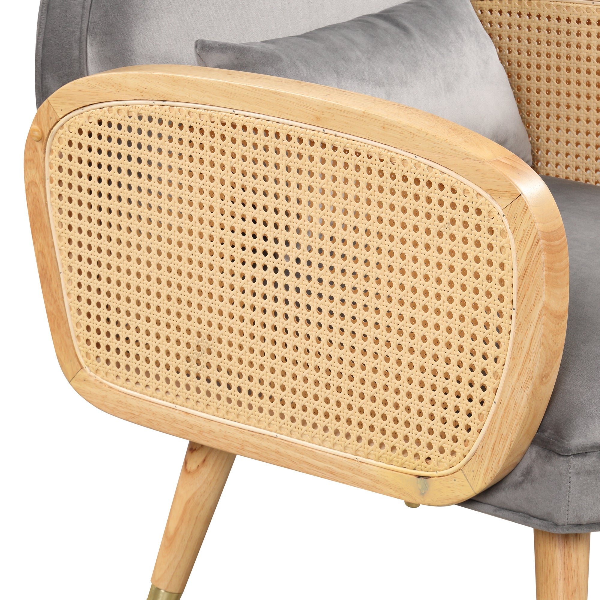 Amchair With Rattan Armrest and Metal Legs Upholstered Mid Century Modern Chairs for Living Room or Reading Room, Grey