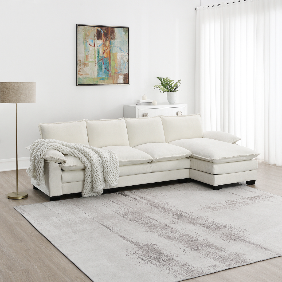 118*55" Modern L-Shaped Chenille Cloud Sofa With Double Seat Cushions,5-Seat Upholstered Indoor Furniture,Sleeper Sofa C