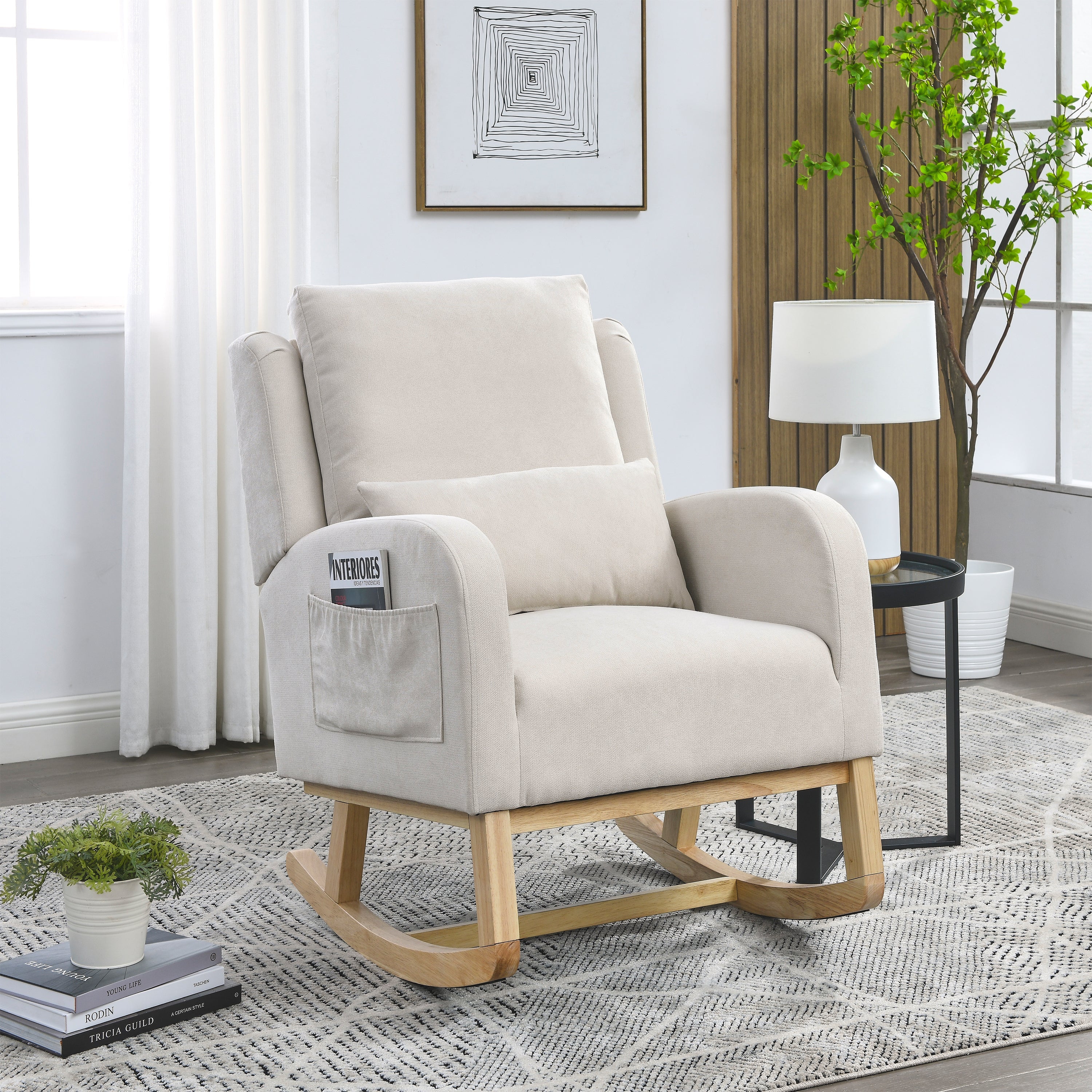 27.5 " Modern Accent High Back Living Room Casual Armchair Rocker With One Lumbar Pillow, Two Side Pockets.