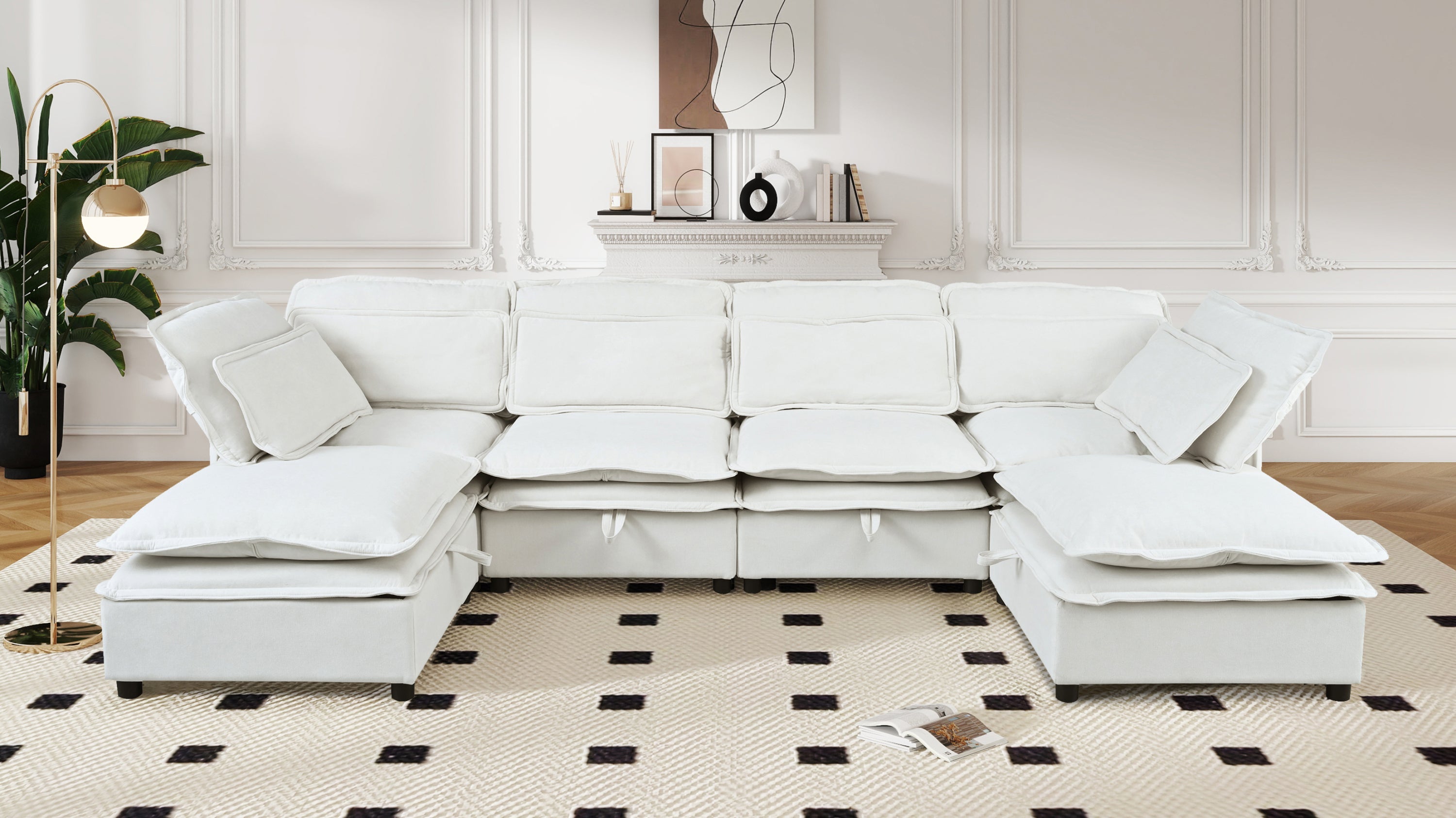 Double-Layer Cushion Modern Large U-Shaped Modular Sofa, Freely Combinable 6-Seater With Storage Function, Convertible T