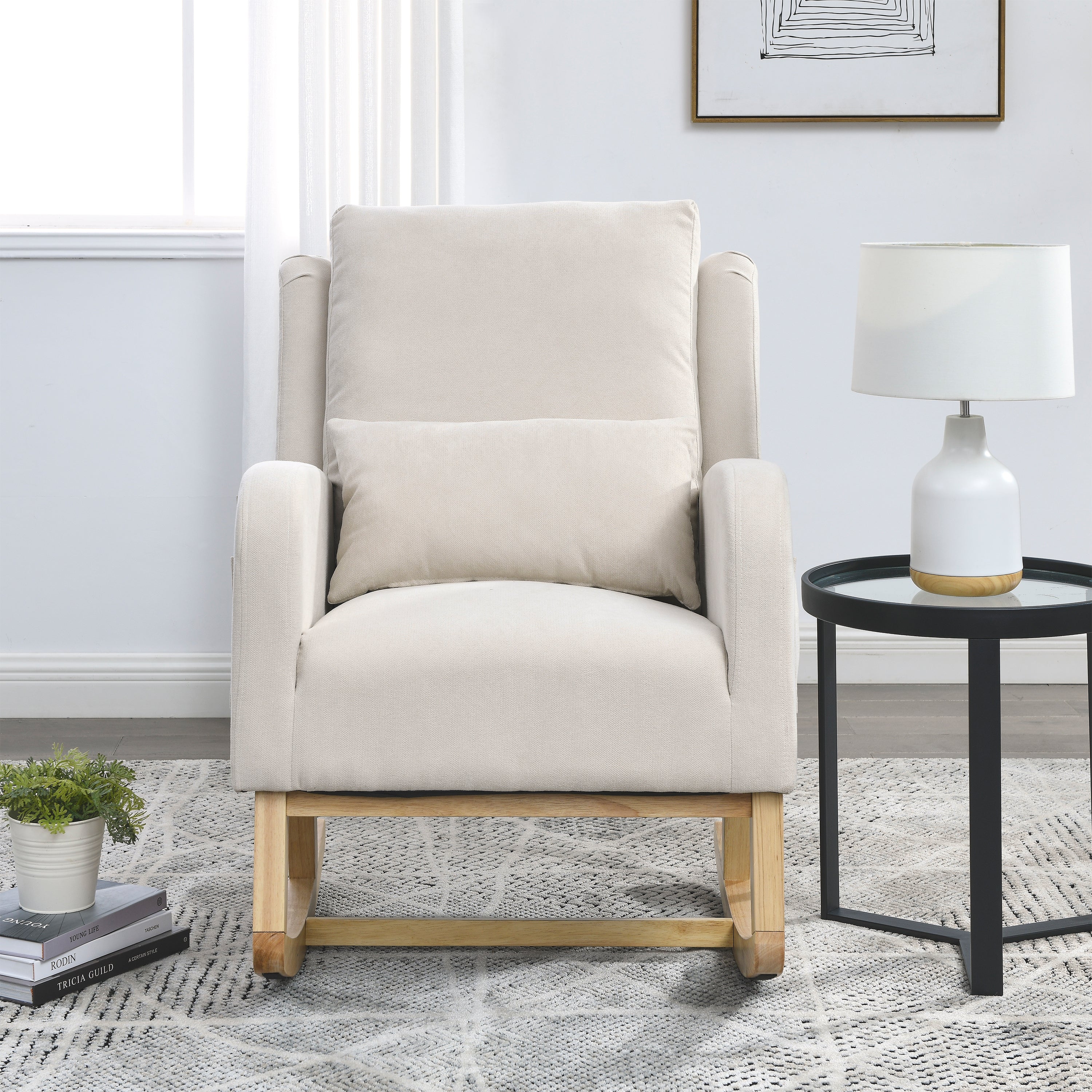 27.5 " Modern Accent High Back Living Room Casual Armchair Rocker With One Lumbar Pillow, Two Side Pockets.