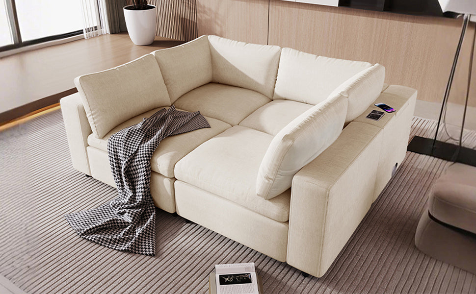 Upholstered Modular Sofa With  With Storage Space, USB Charge Ports,Wireless Charging and Built-In Bluetooth Speaker in