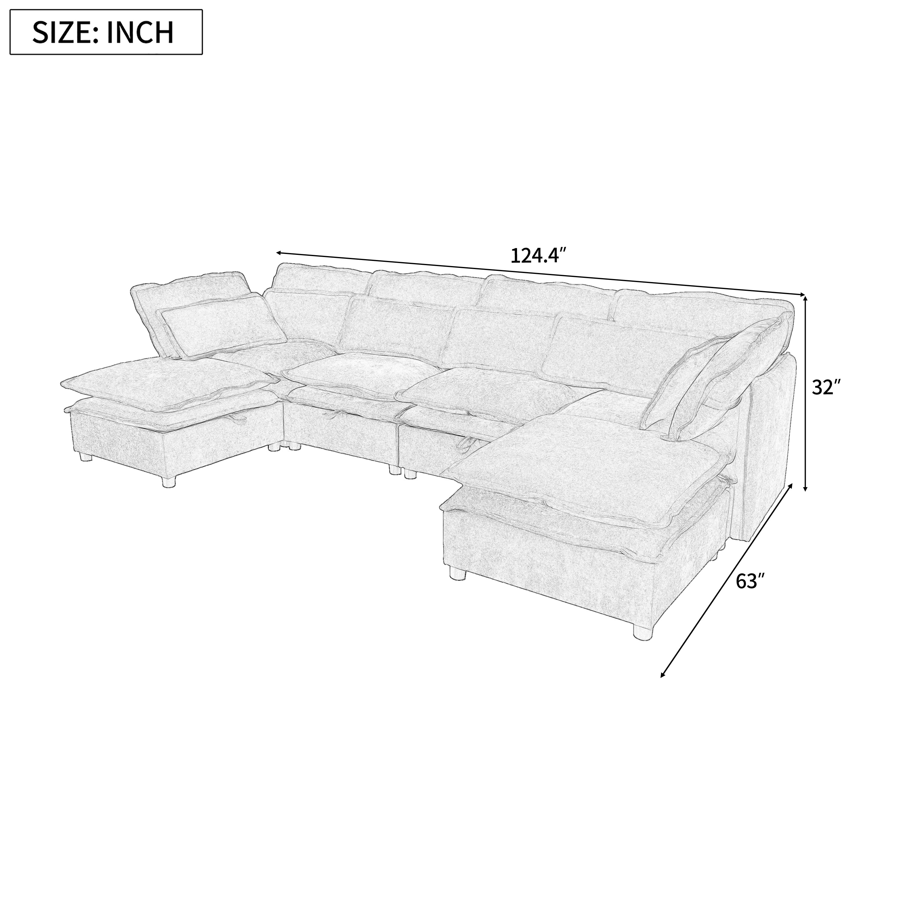 Double-Layer Cushion Modern Large U-Shaped Modular Sofa, Freely Combinable 6-Seater With Storage Function, Convertible T