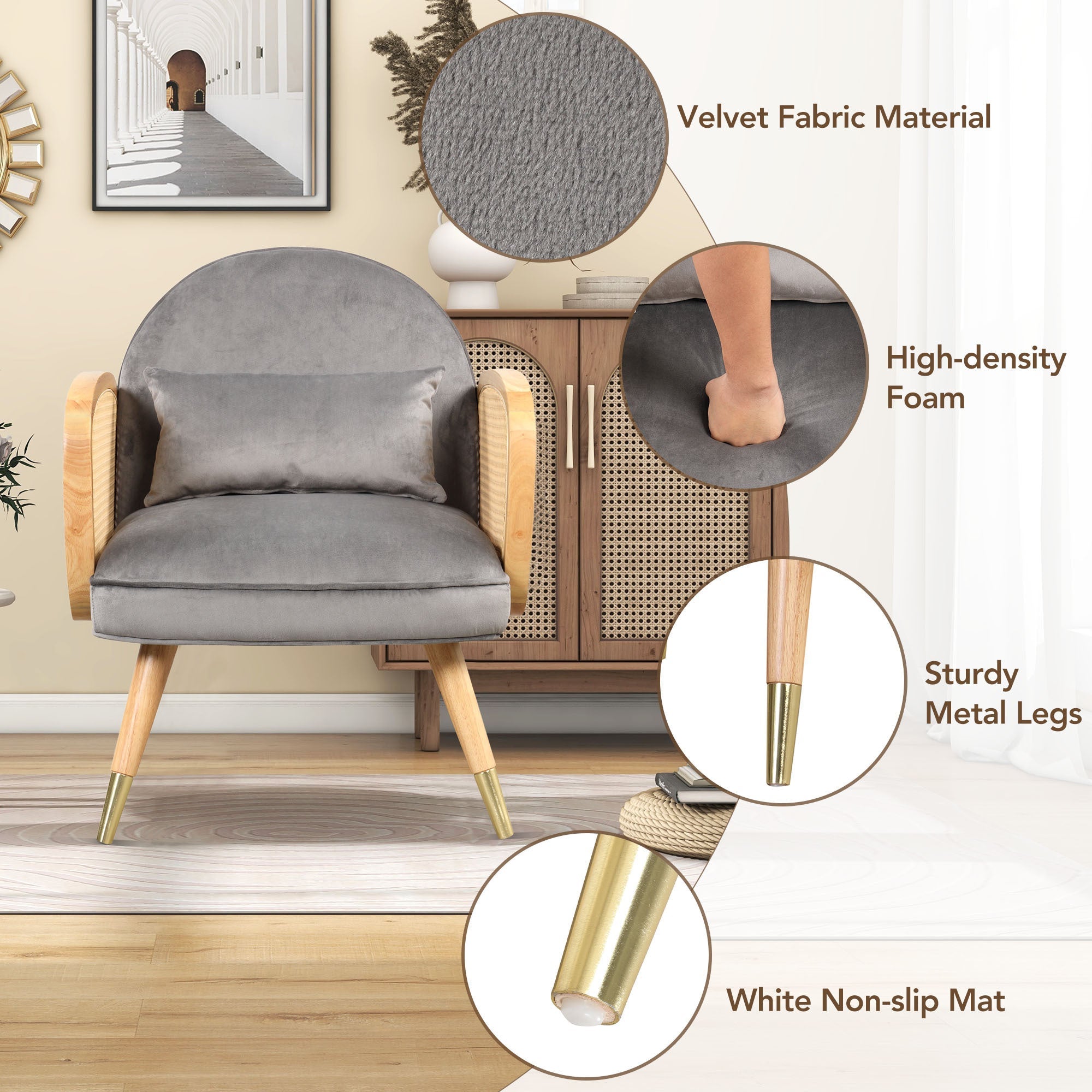 Amchair With Rattan Armrest and Metal Legs Upholstered Mid Century Modern Chairs for Living Room or Reading Room, Grey