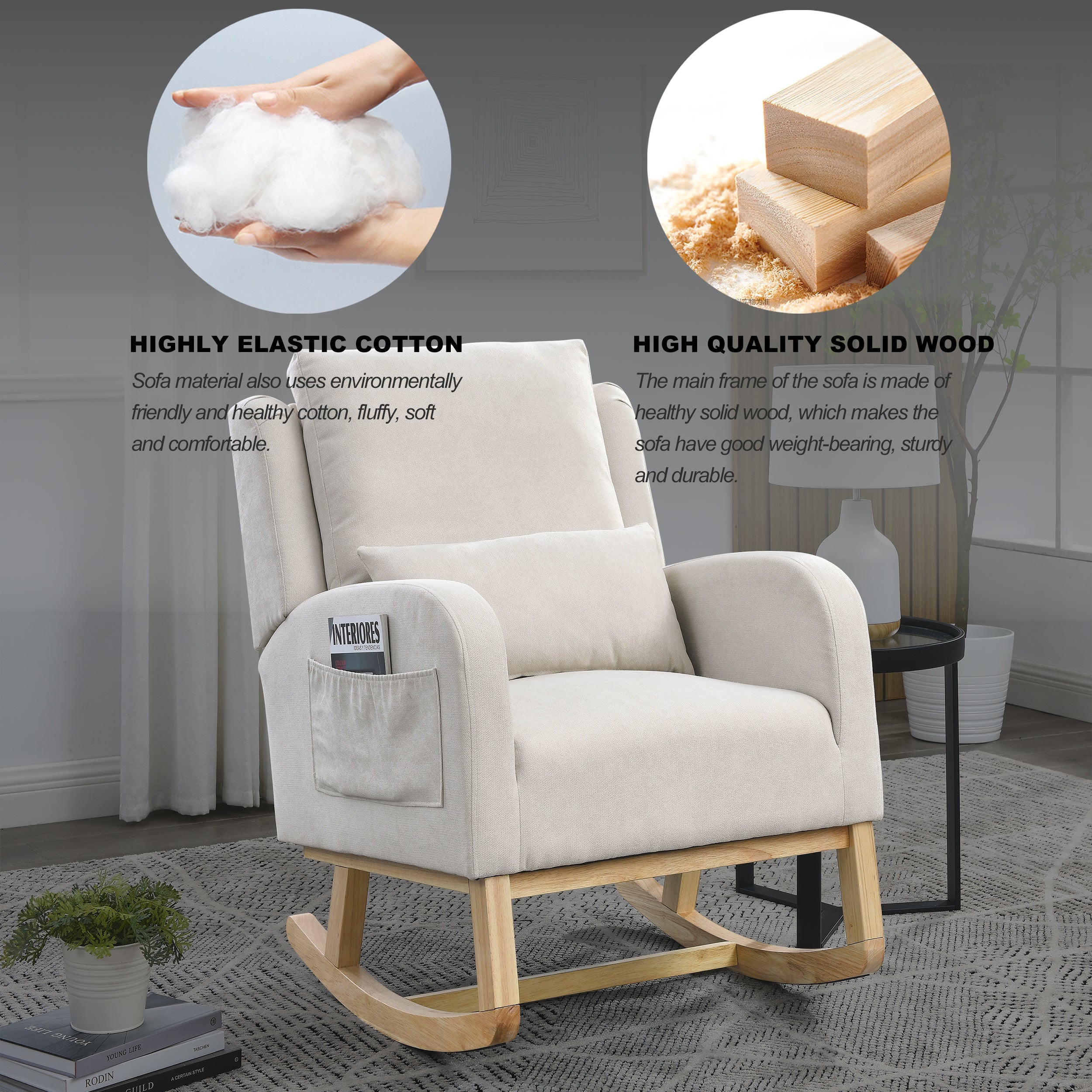 27.5 " Modern Accent High Back Living Room Casual Armchair Rocker With One Lumbar Pillow, Two Side Pockets.