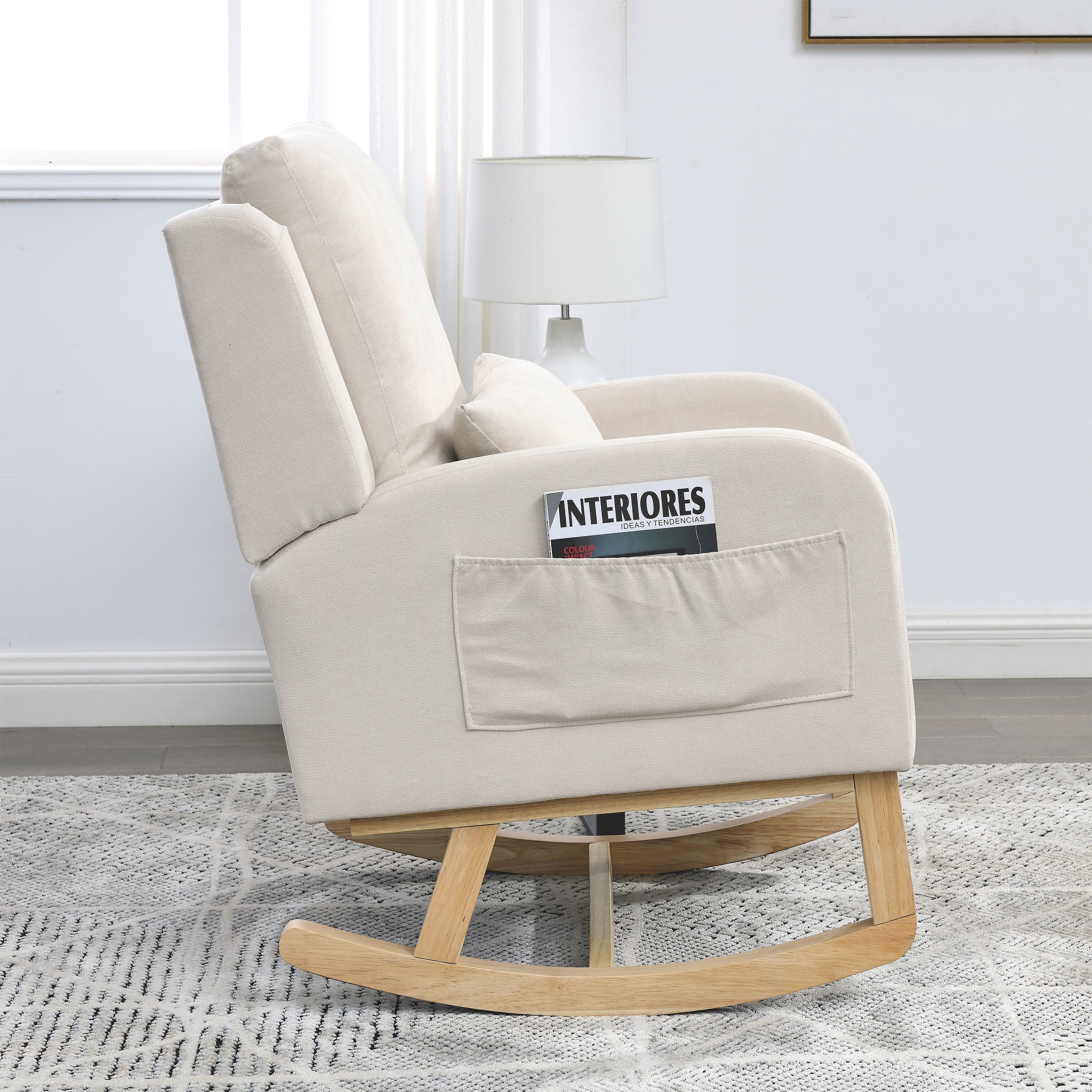 27.5 " Modern Accent High Back Living Room Casual Armchair Rocker With One Lumbar Pillow, Two Side Pockets.