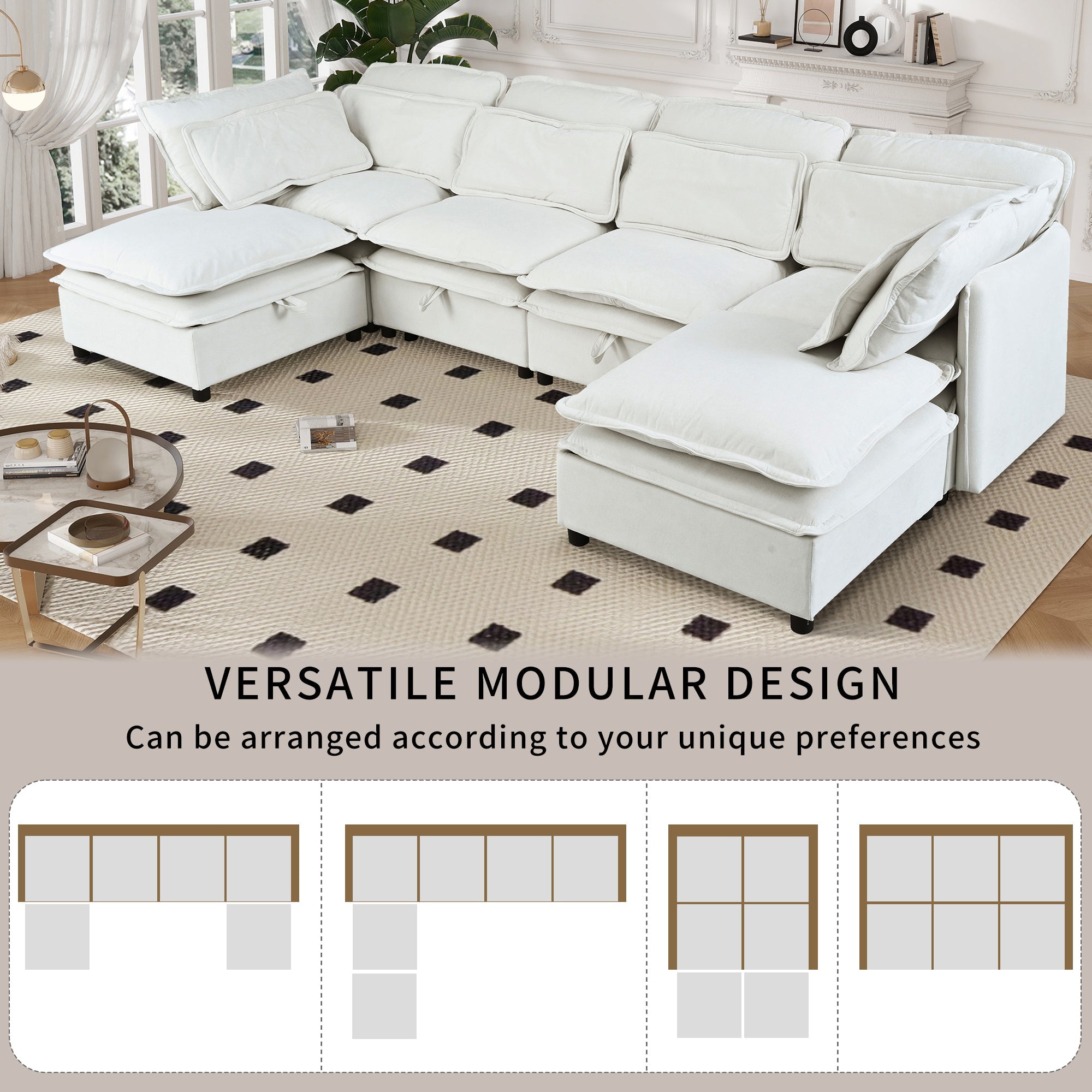 Double-Layer Cushion Modern Large U-Shaped Modular Sofa, Freely Combinable 6-Seater With Storage Function, Convertible T