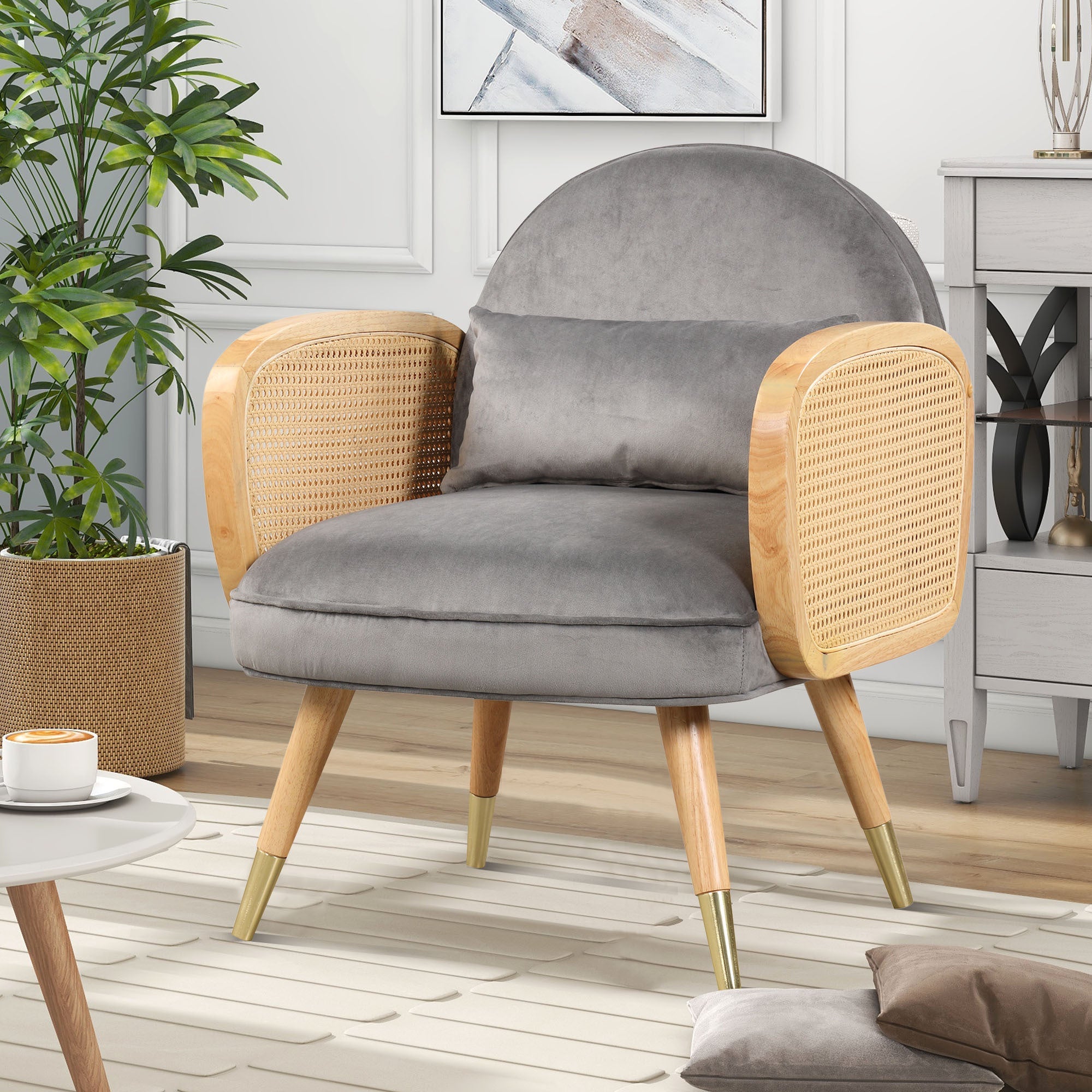 Amchair With Rattan Armrest and Metal Legs Upholstered Mid Century Modern Chairs for Living Room or Reading Room, Grey