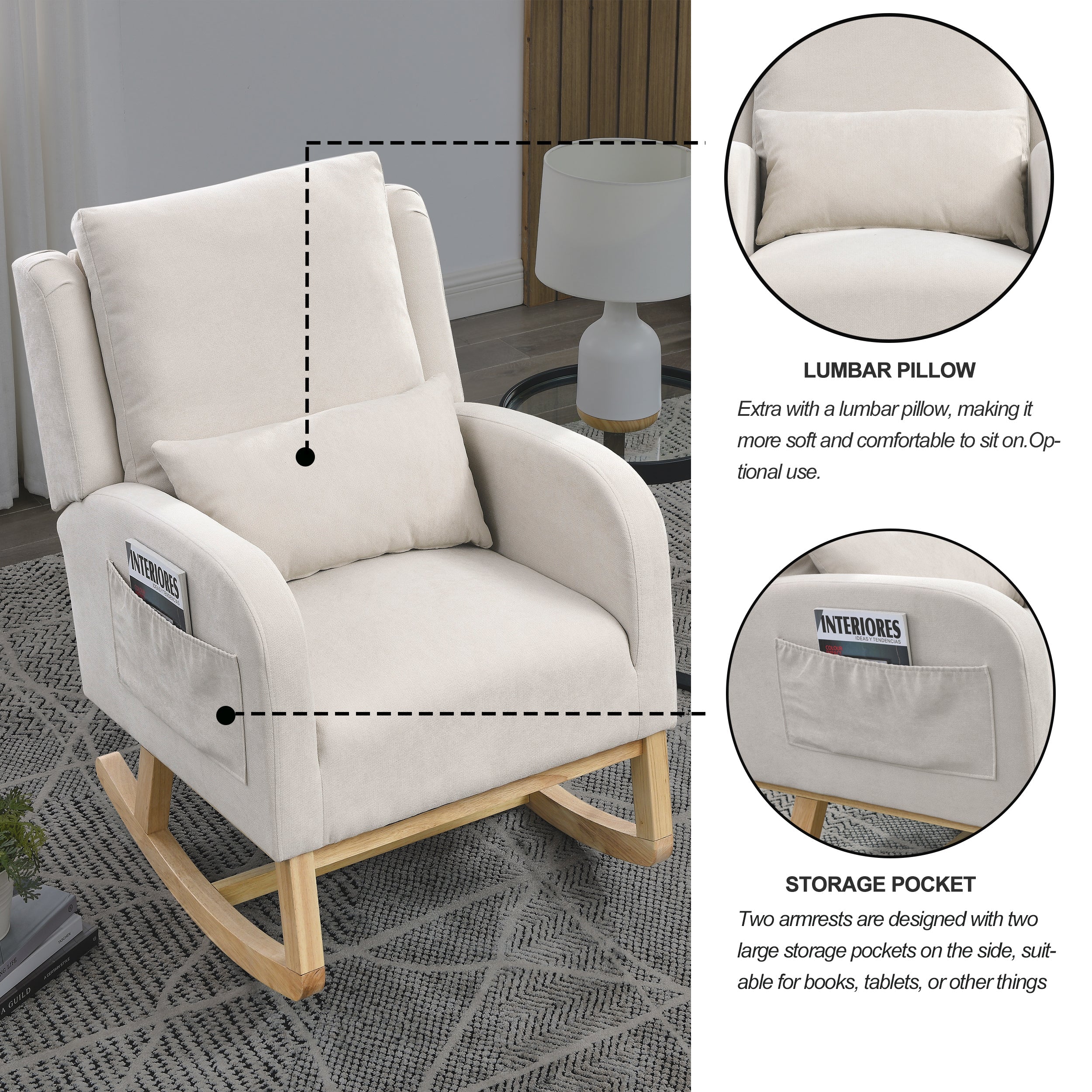 27.5 " Modern Accent High Back Living Room Casual Armchair Rocker With One Lumbar Pillow, Two Side Pockets.