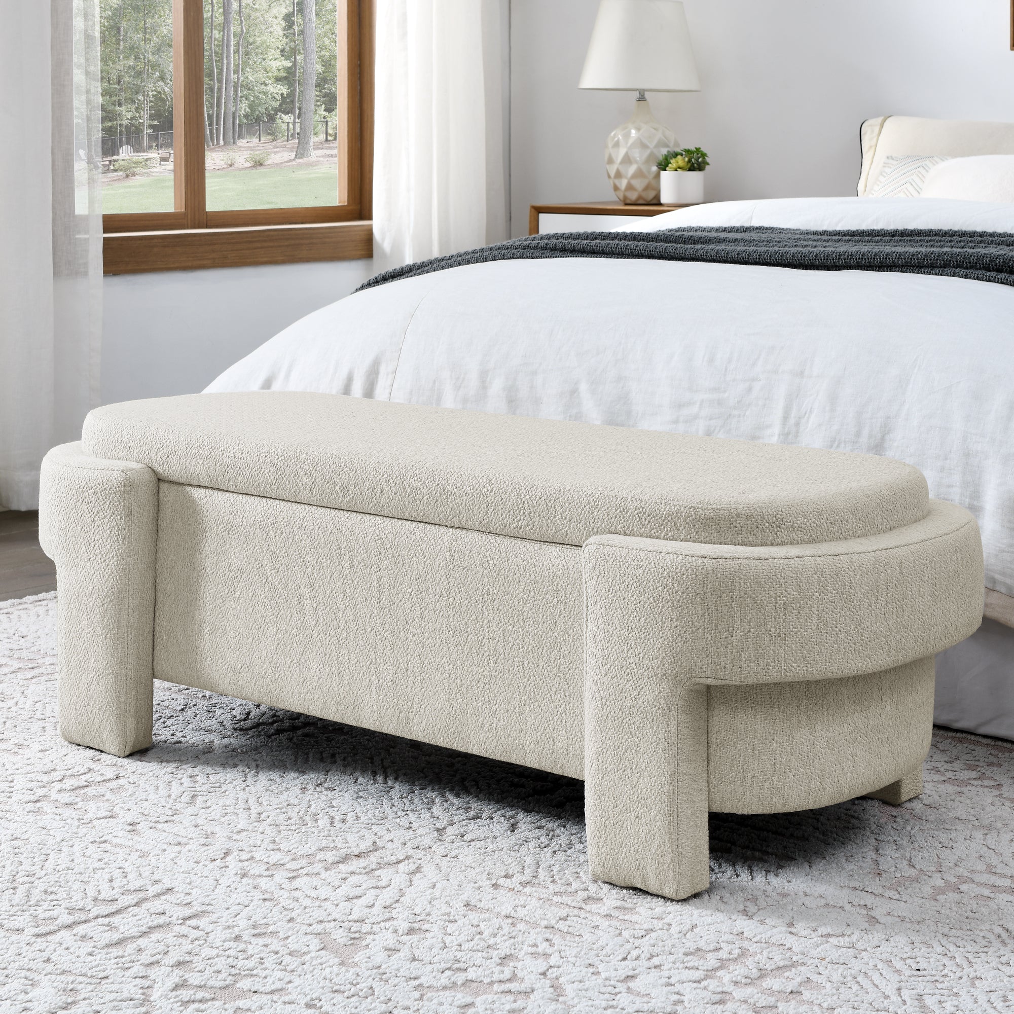 Linen Fabric Upholstered Bench With Large Storage Space