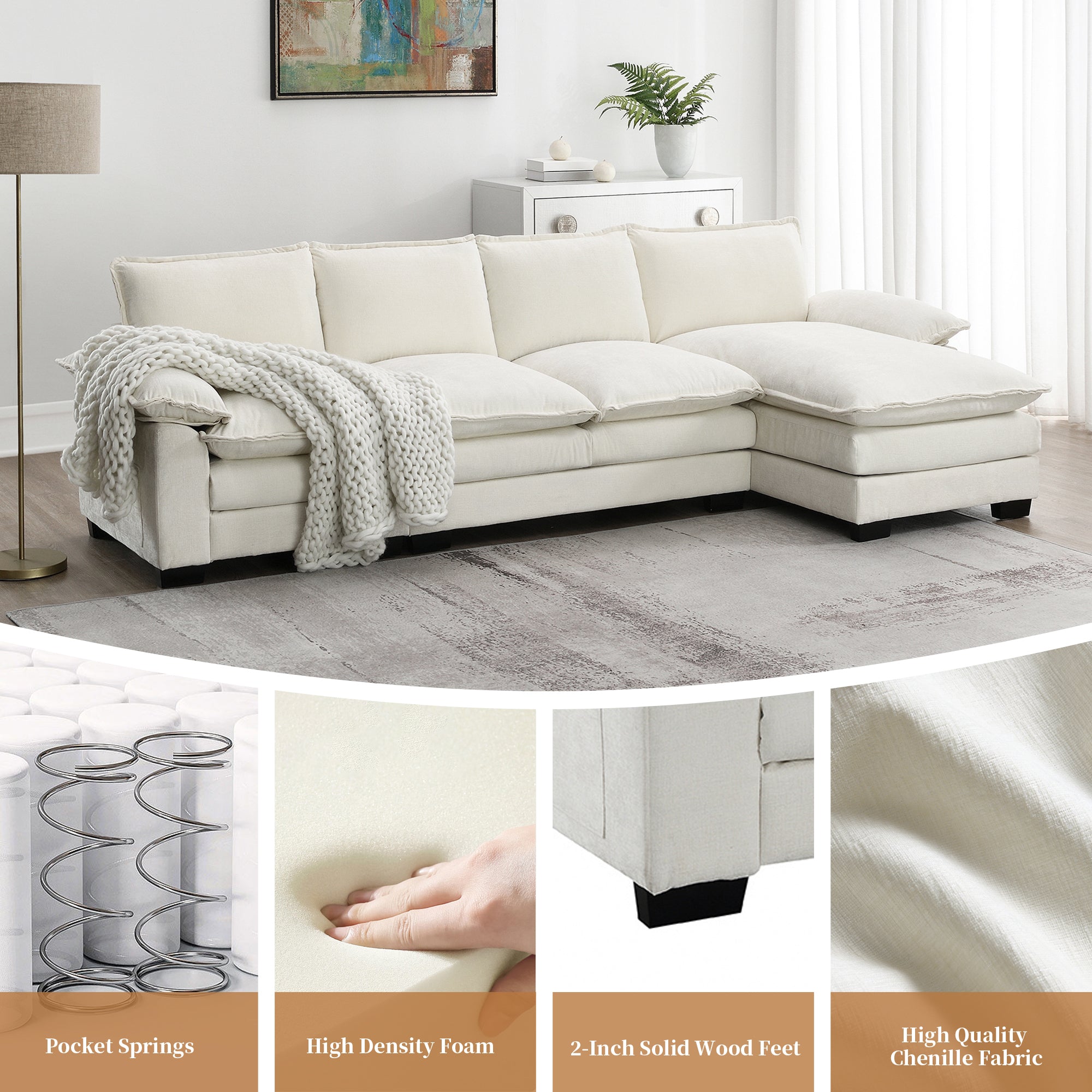 118*55" Modern L-Shaped Chenille Cloud Sofa With Double Seat Cushions,5-Seat Upholstered Indoor Furniture,Sleeper Sofa C