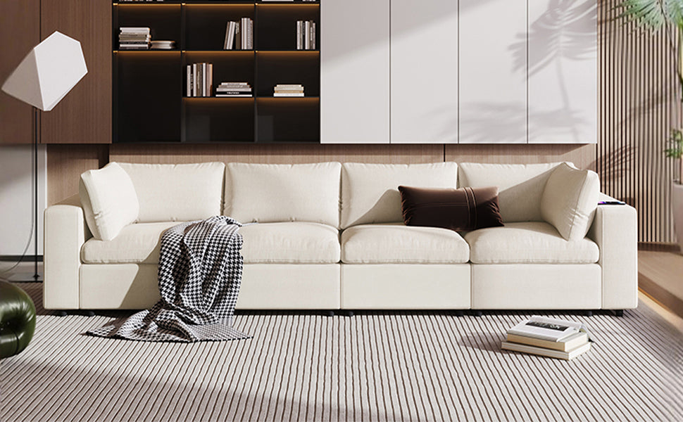 Upholstered Modular Sofa With  With Storage Space, USB Charge Ports,Wireless Charging and Built-In Bluetooth Speaker in