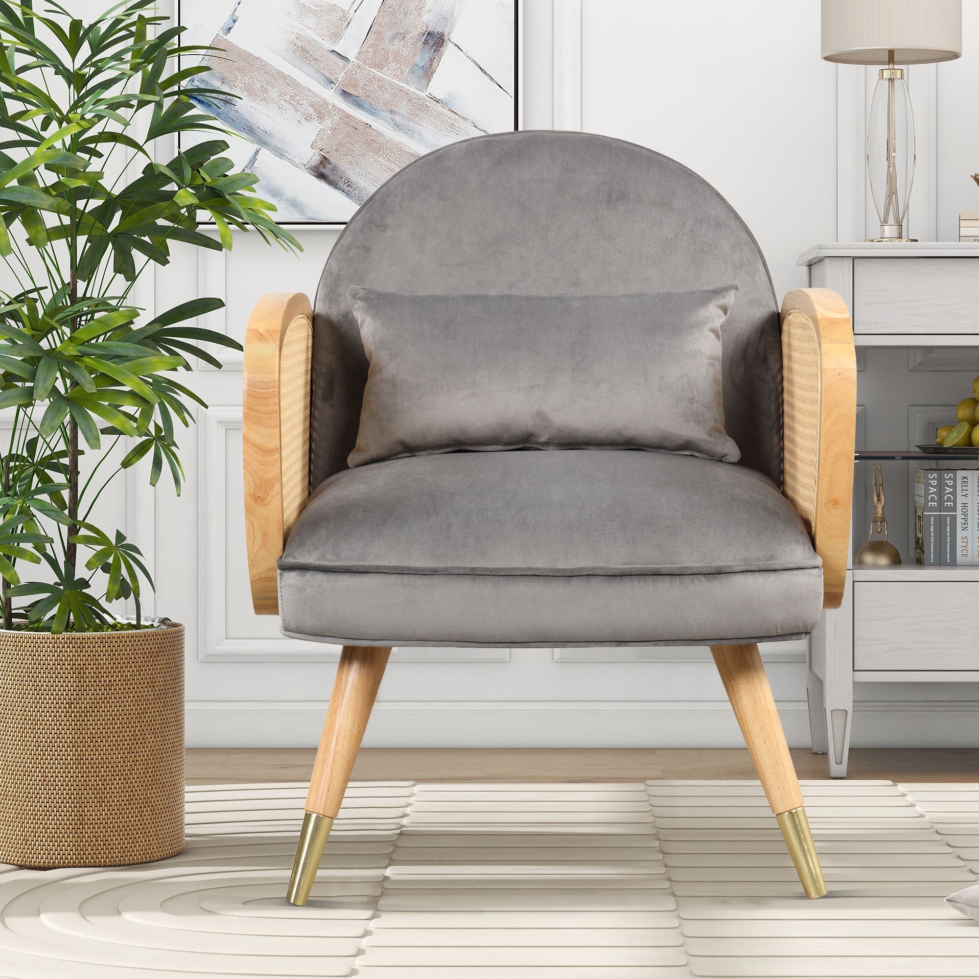 Amchair With Rattan Armrest and Metal Legs Upholstered Mid Century Modern Chairs for Living Room or Reading Room, Grey