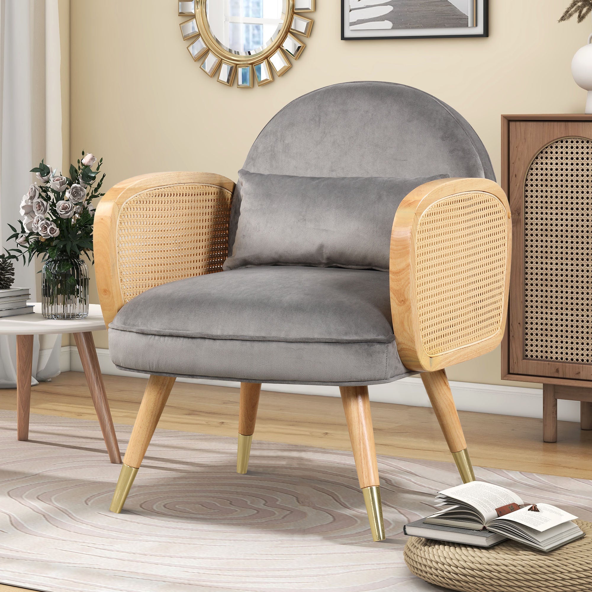 Amchair With Rattan Armrest and Metal Legs Upholstered Mid Century Modern Chairs for Living Room or Reading Room, Grey