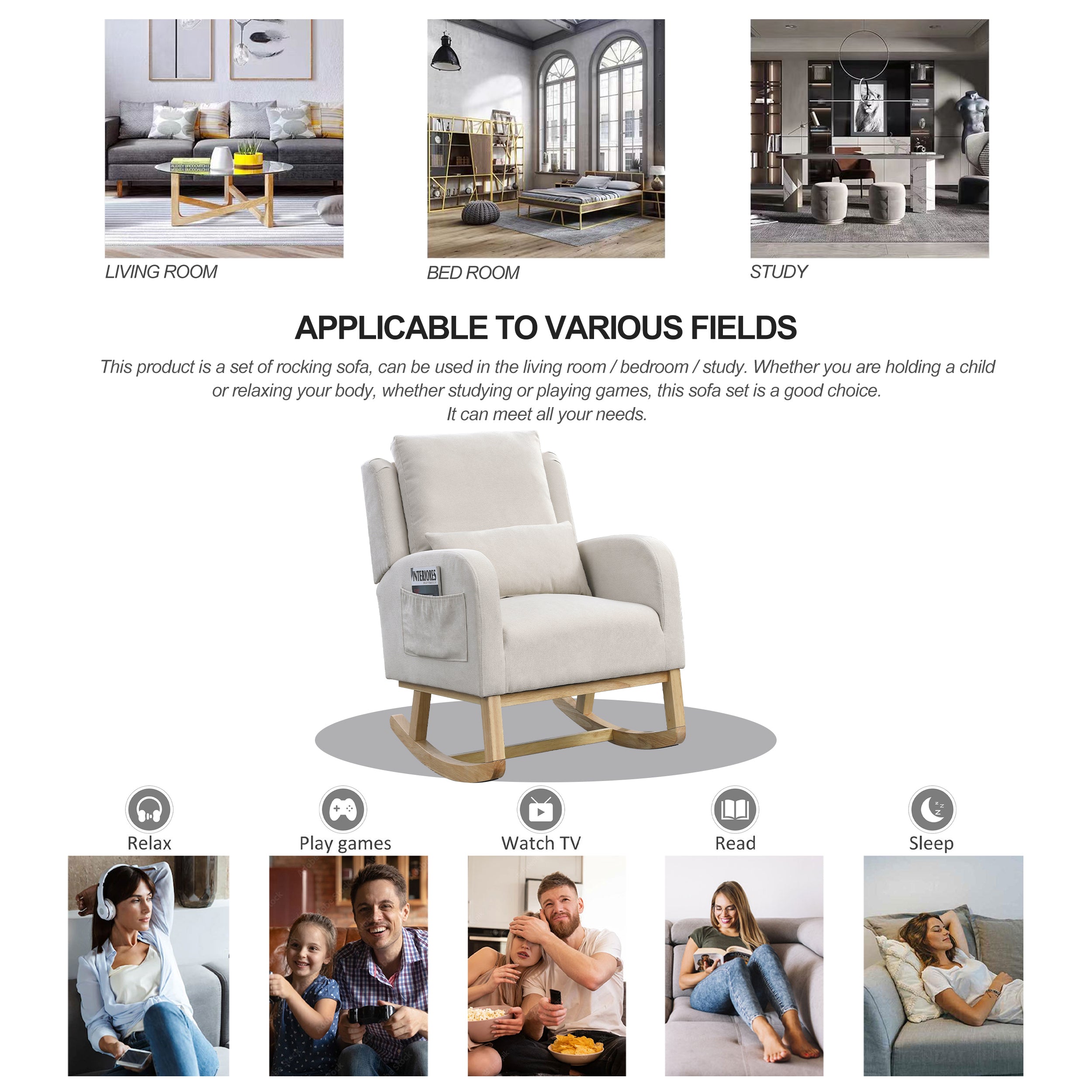 27.5 " Modern Accent High Back Living Room Casual Armchair Rocker With One Lumbar Pillow, Two Side Pockets.