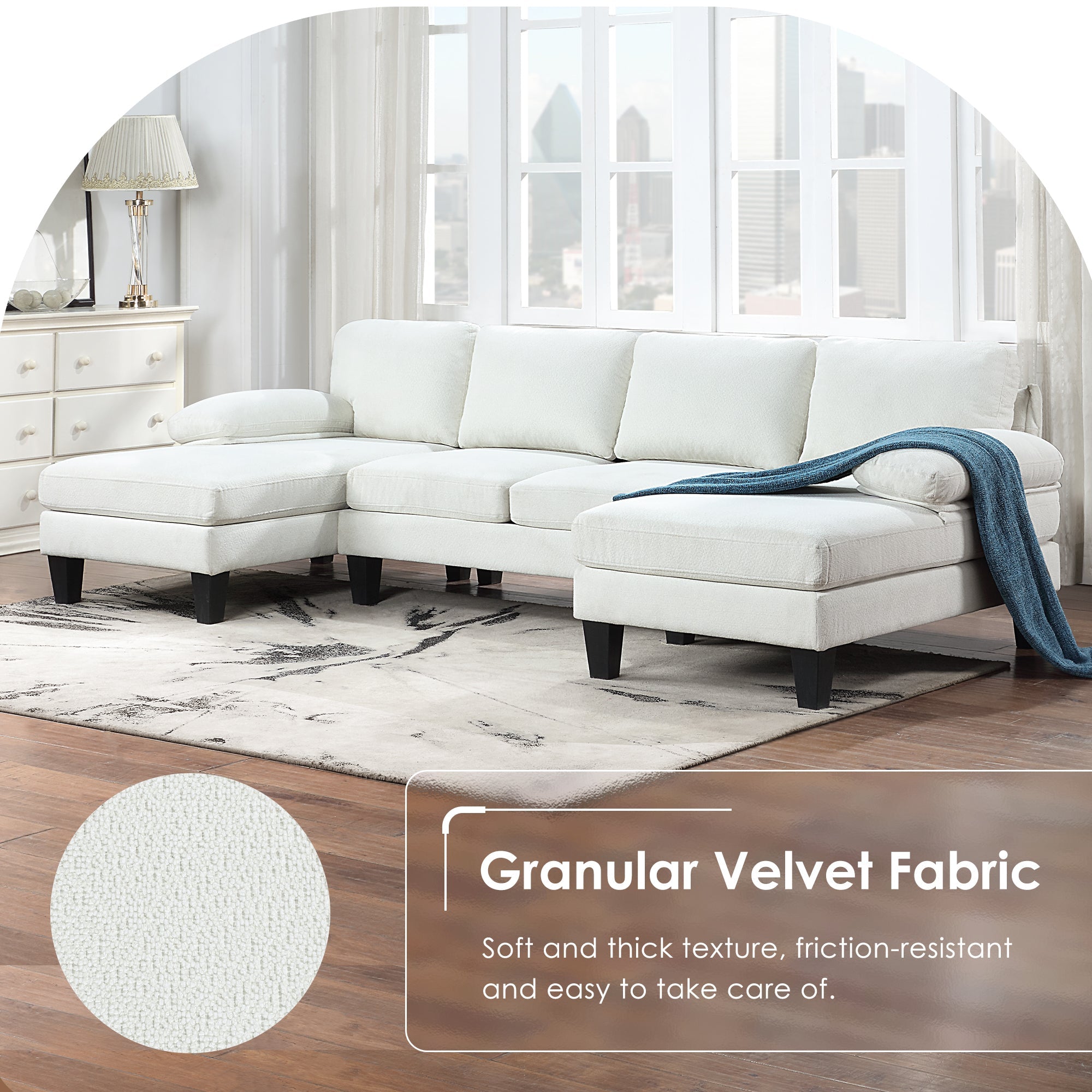 112*56" Granular Velvet Sofa,U-Shaped Couch With Oversized Seat,6-Seat Sofa Bed With Double Chaise,Comfortable and Spaci