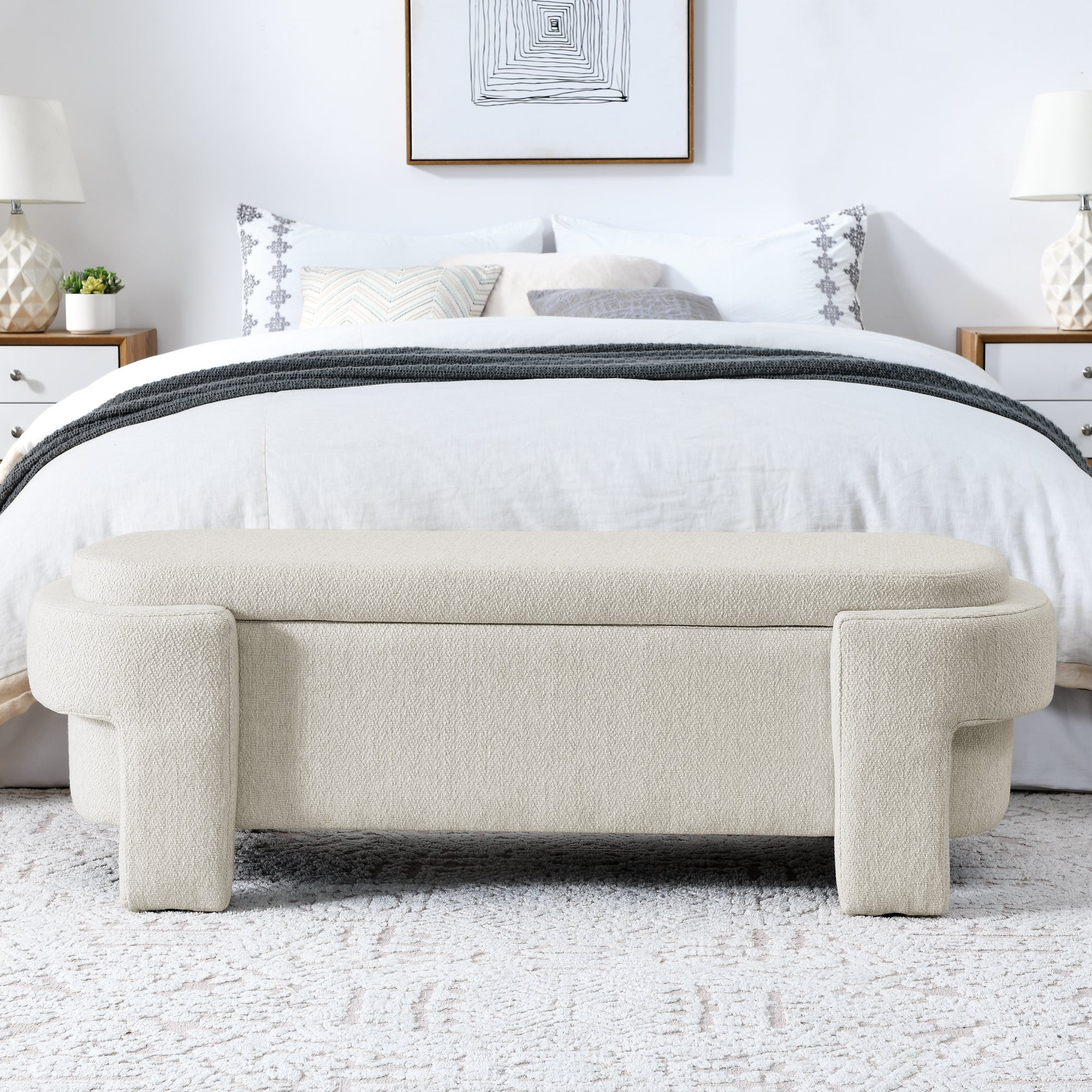 Linen Fabric Upholstered Bench With Large Storage Space