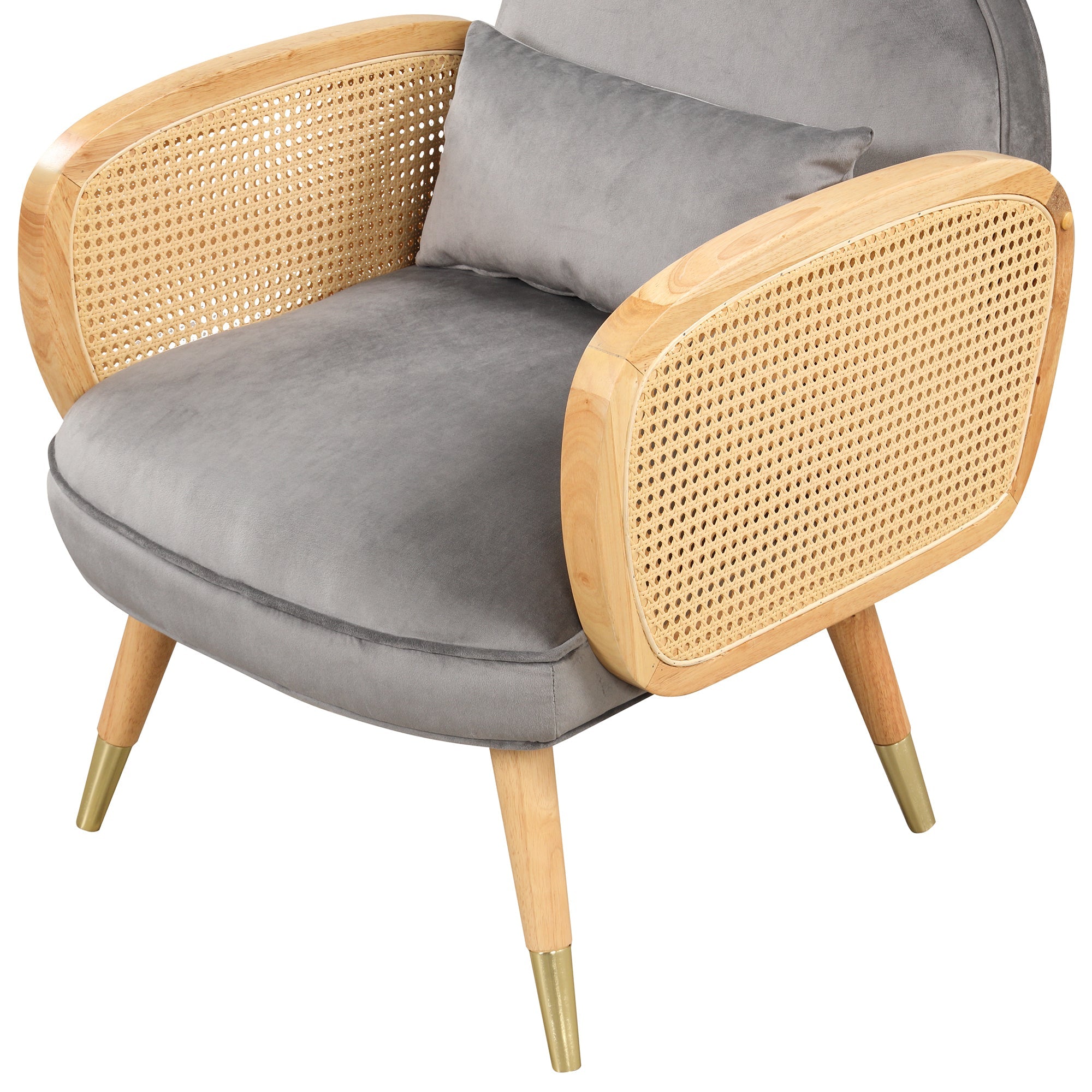Amchair With Rattan Armrest and Metal Legs Upholstered Mid Century Modern Chairs for Living Room or Reading Room, Grey