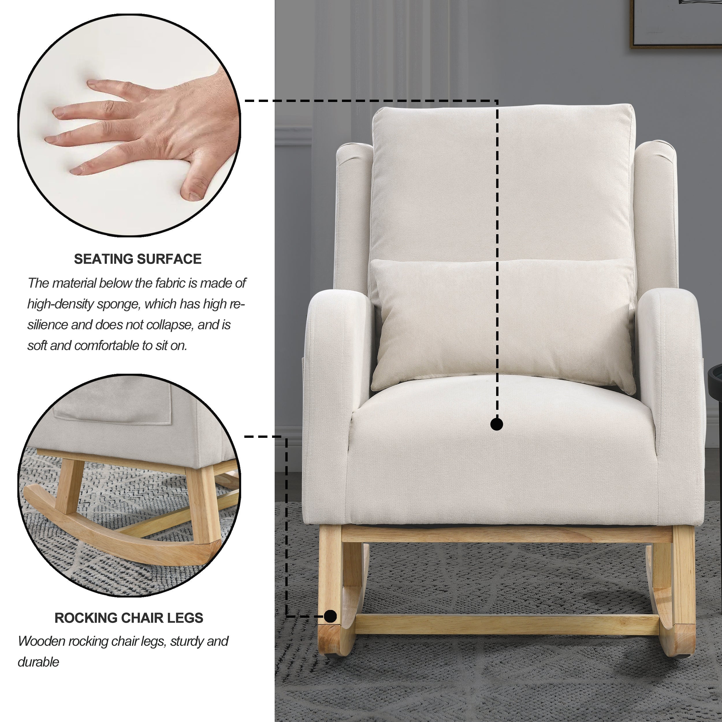 27.5 " Modern Accent High Back Living Room Casual Armchair Rocker With One Lumbar Pillow, Two Side Pockets.