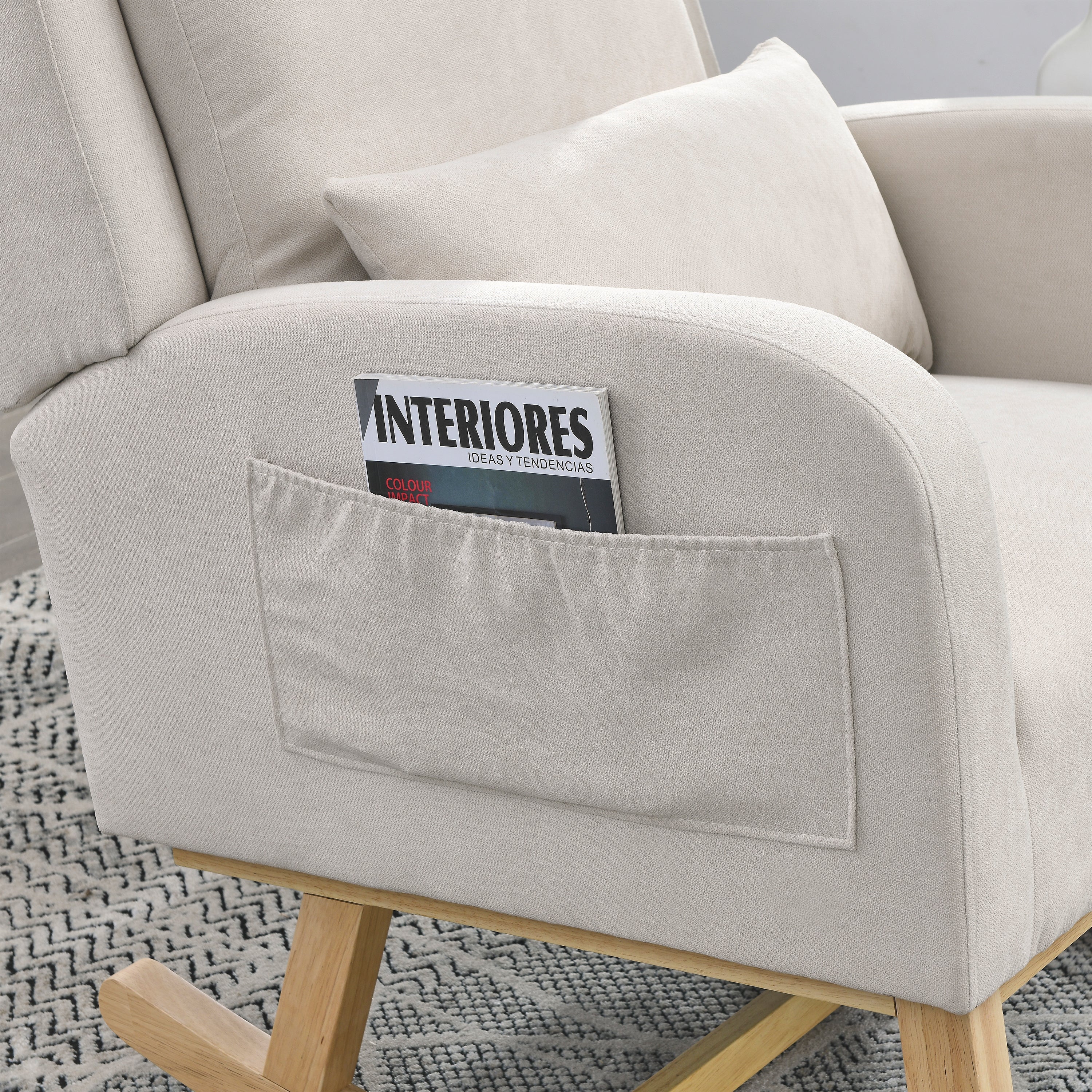 27.5 " Modern Accent High Back Living Room Casual Armchair Rocker With One Lumbar Pillow, Two Side Pockets.