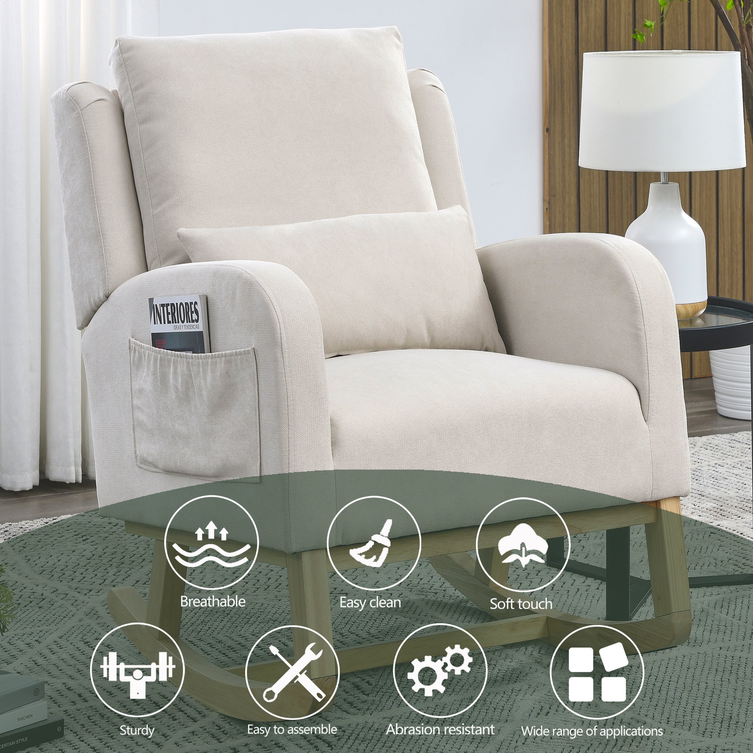 27.5 " Modern Accent High Back Living Room Casual Armchair Rocker With One Lumbar Pillow, Two Side Pockets.