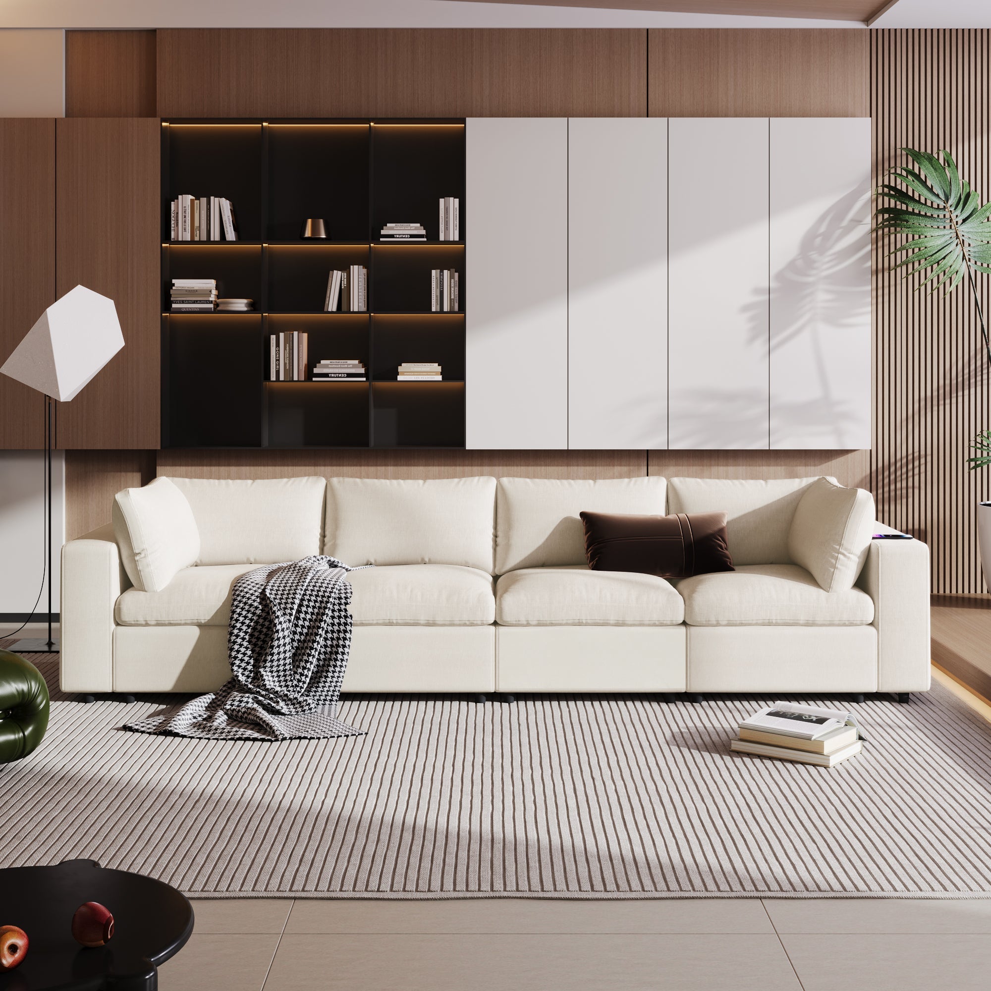 Upholstered Modular Sofa With  With Storage Space, USB Charge Ports,Wireless Charging and Built-In Bluetooth Speaker in