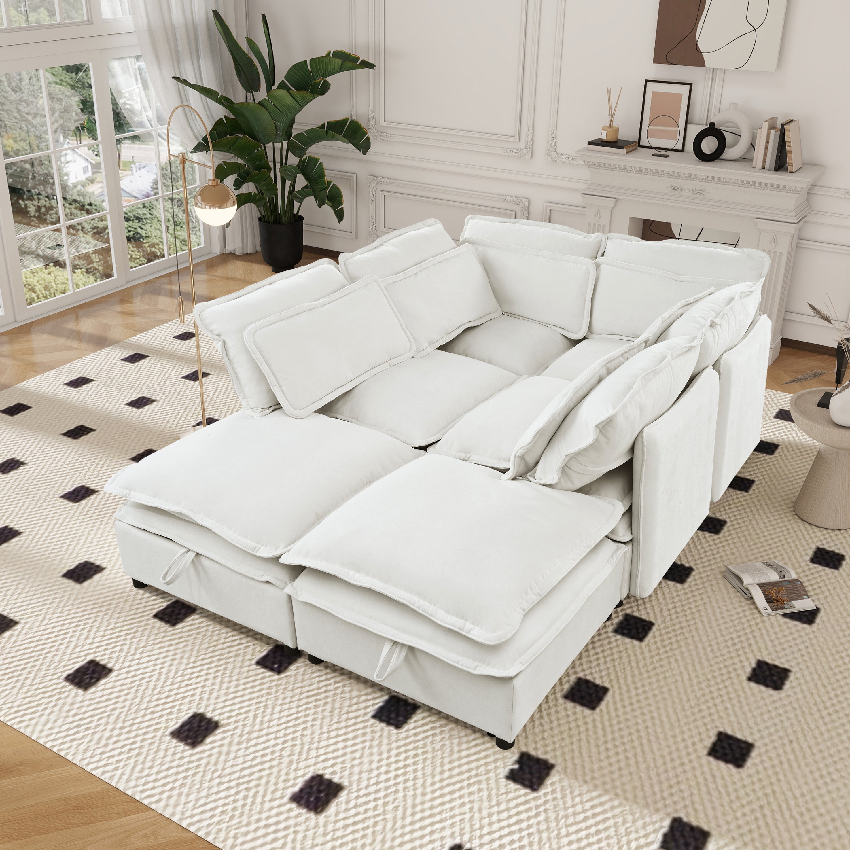 Double-Layer Cushion Modern Large U-Shaped Modular Sofa, Freely Combinable 6-Seater With Storage Function, Convertible T
