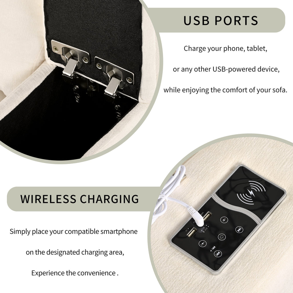 Upholstered Modular Sofa With  With Storage Space, USB Charge Ports,Wireless Charging and Built-In Bluetooth Speaker in