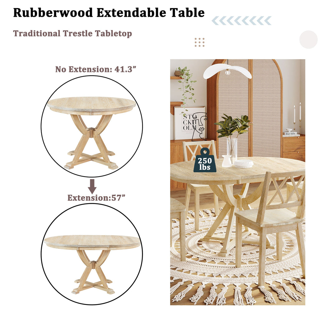 Mid-Century 5-Piece Extendable Round Dining Table Set With 15.7" Removable Leaf and 4 Cross Back Dining Chairs, Natural