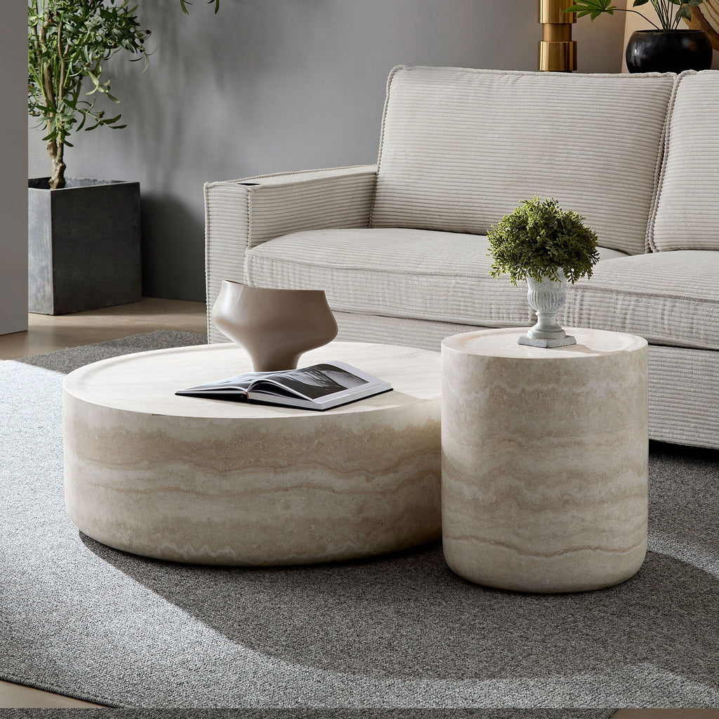 Set of 2 Faux MARS Pattern Coffee Tables Side Table Round Tea Faux Travertine Textured  Table for Living Room, No Need A