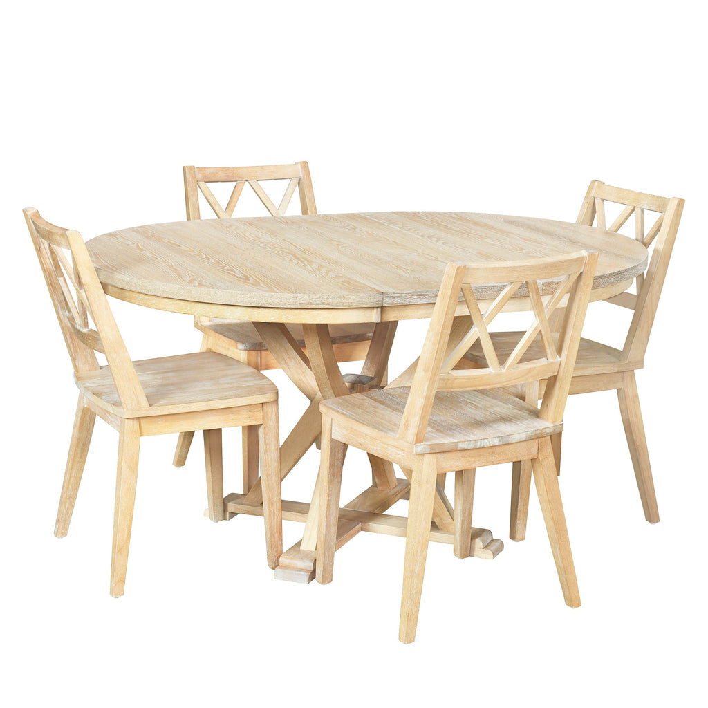 Mid-Century 5-Piece Extendable Round Dining Table Set With 15.7" Removable Leaf and 4 Cross Back Dining Chairs, Natural